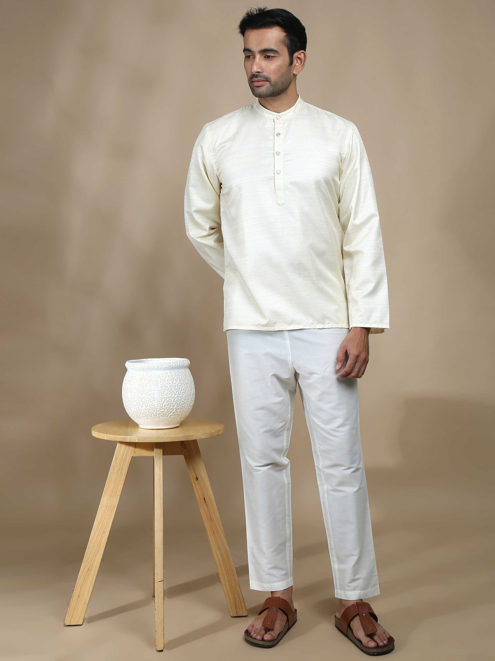 Off White Textured Short Kurta for Men