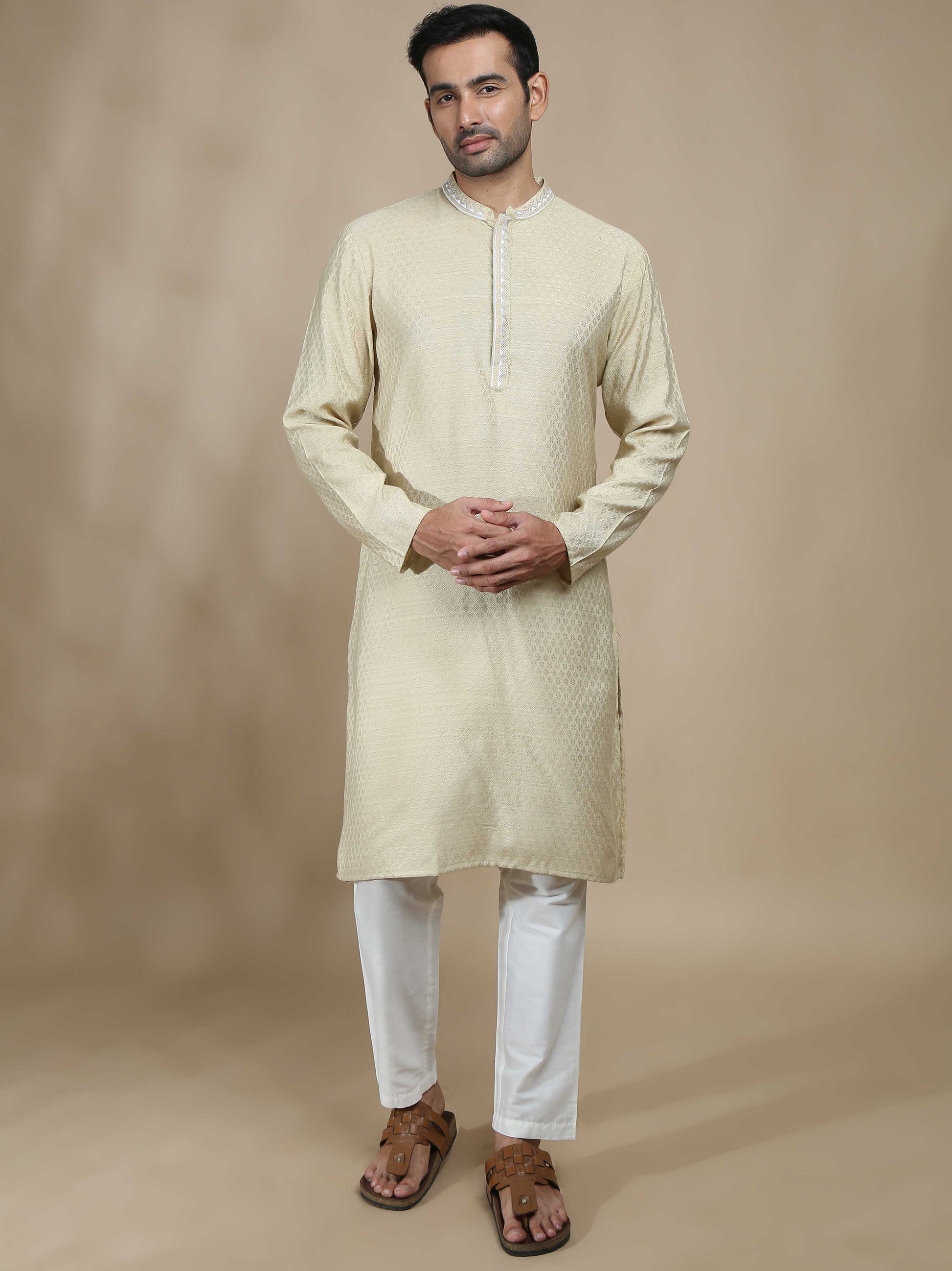 Light Yellow Embroidered Banarasi Long Kurta for Men