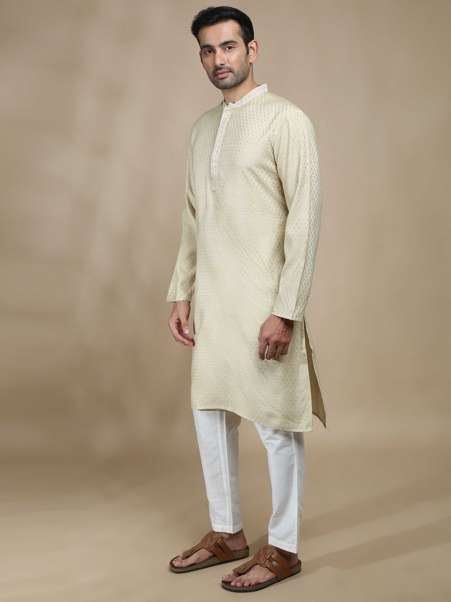 Light Yellow Embroidered Banarasi Long Kurta for Men