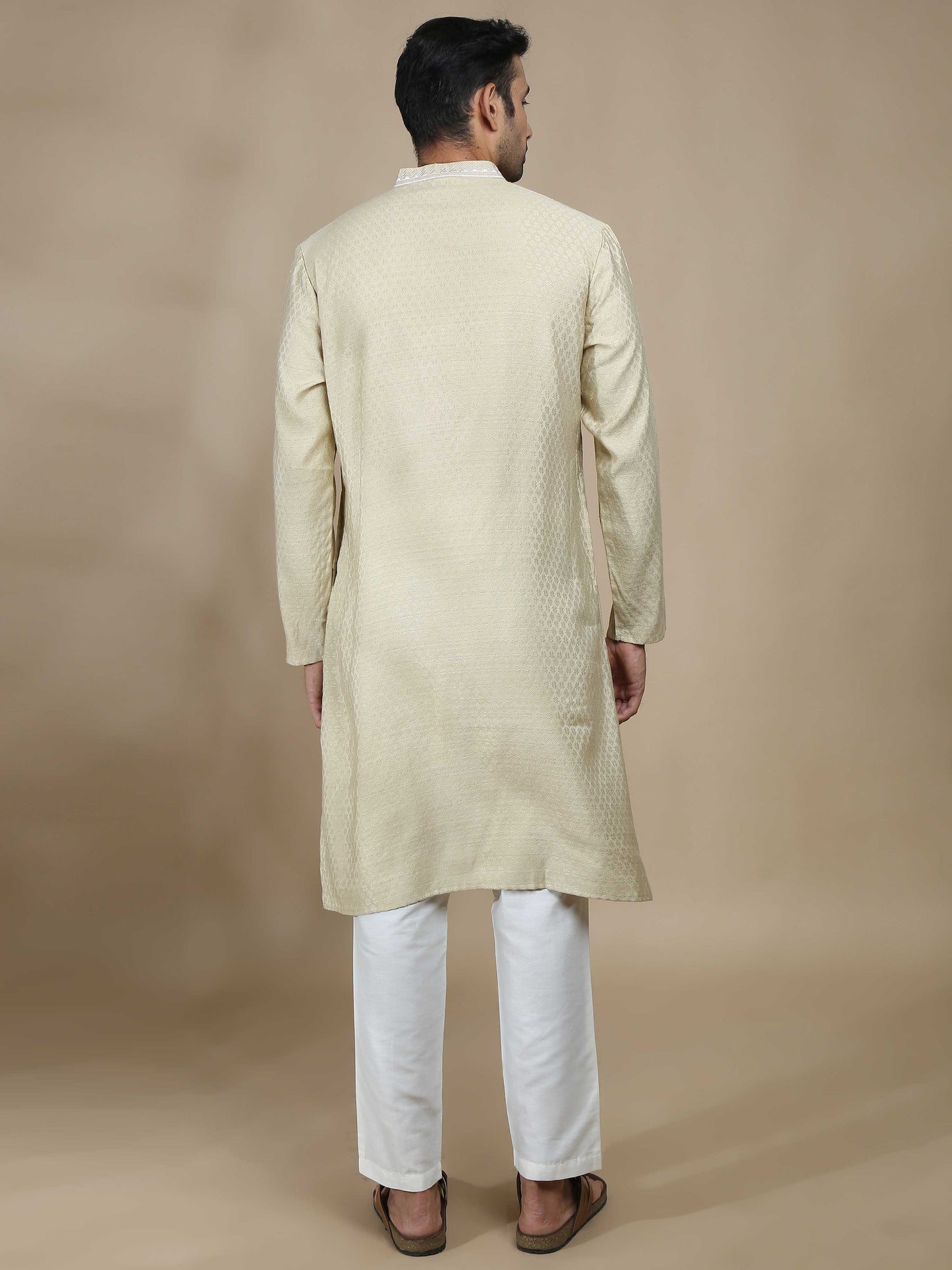 Light Yellow Embroidered Banarasi Long Kurta for Men