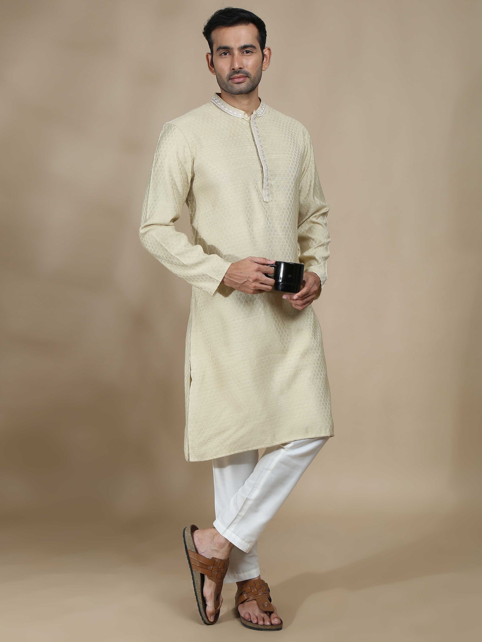 Light Yellow Embroidered Banarasi Long Kurta for Men