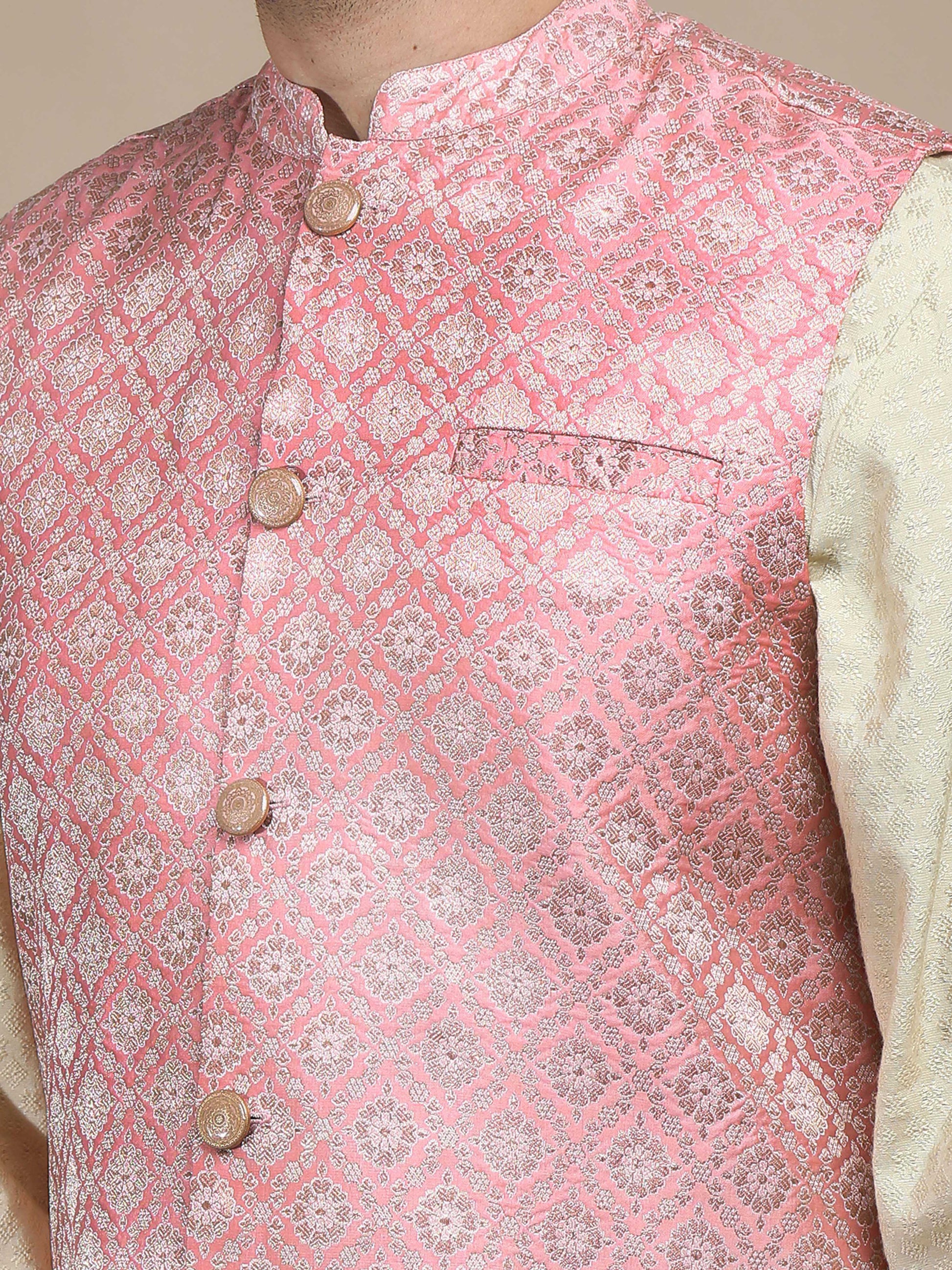 Light Pink Brocade Half Nehru Jacket for Men