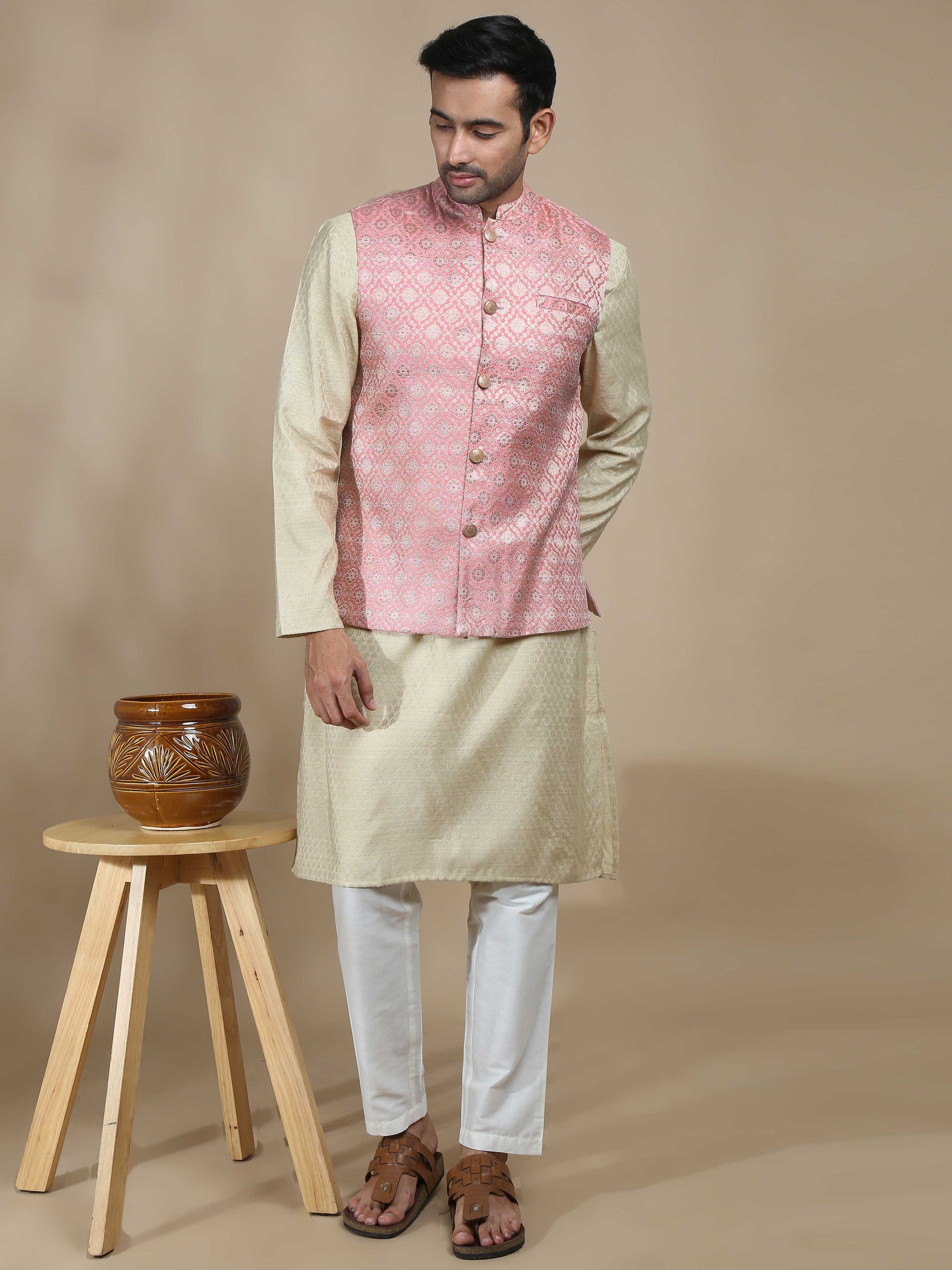 Light Pink Brocade Half Nehru Jacket for Men