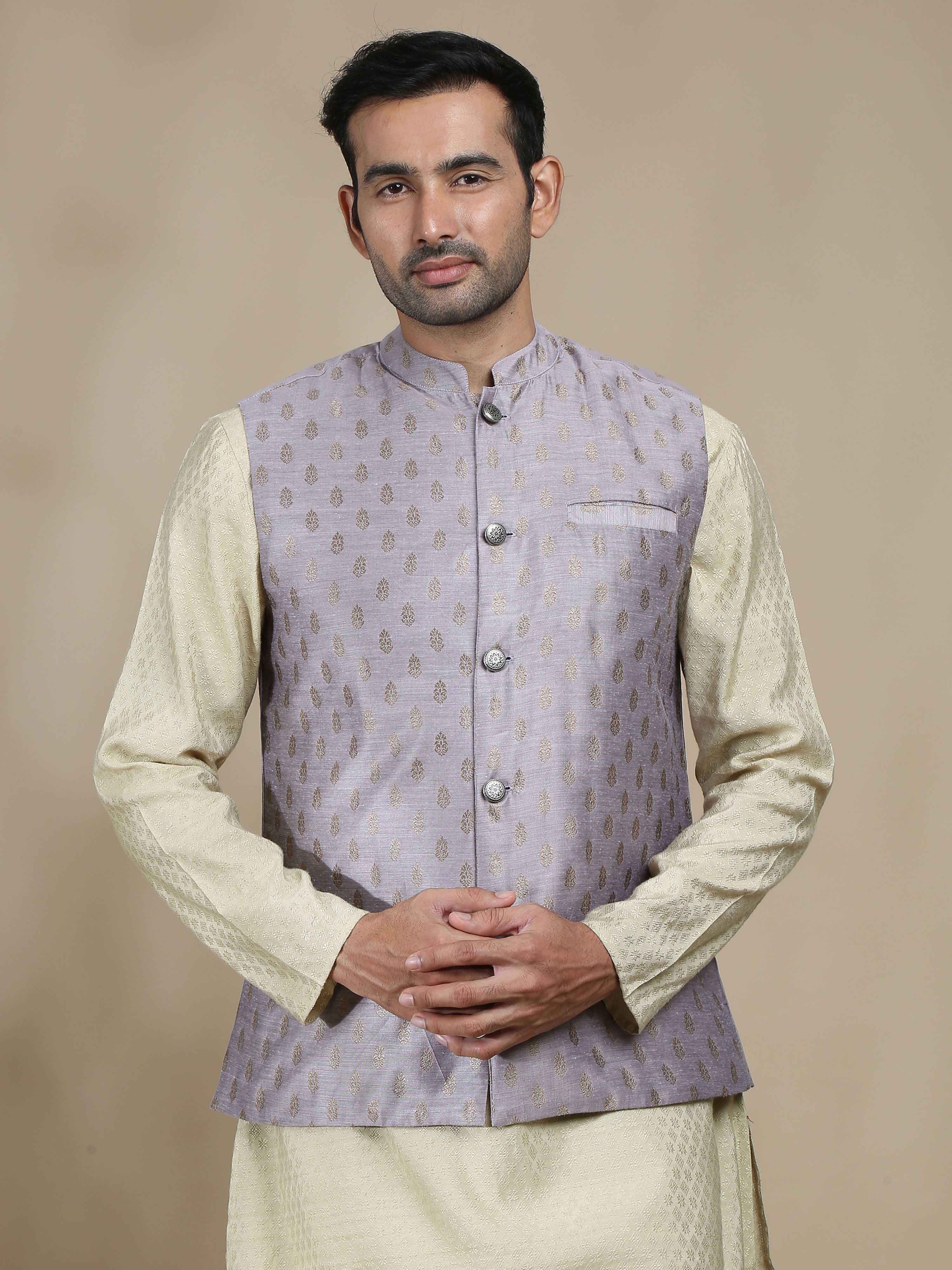 Buy Stylish Mauve Banarasi Half Nehru Jacket for Men Online