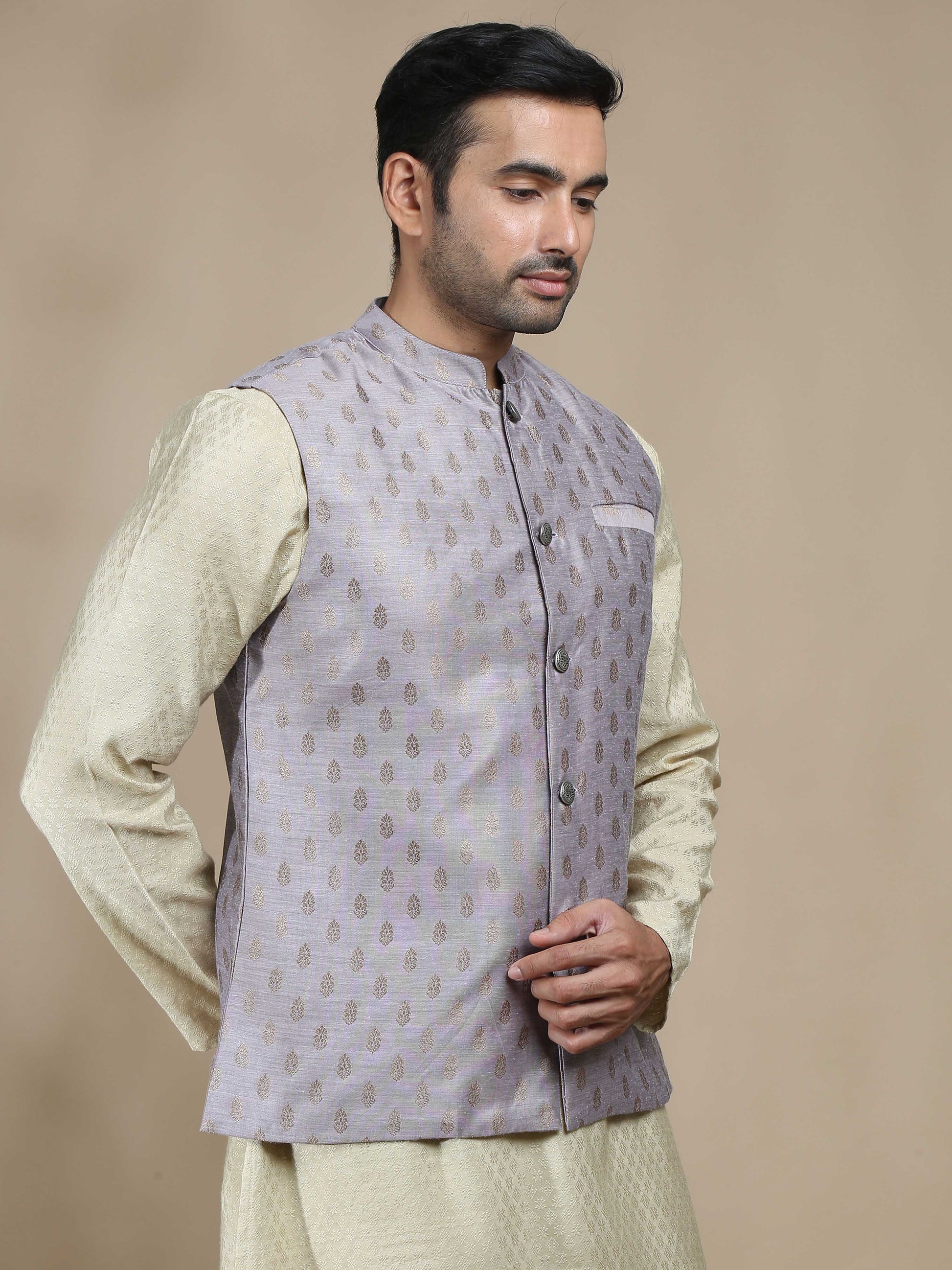 Mauve Banarasi Half Nehru Jacket