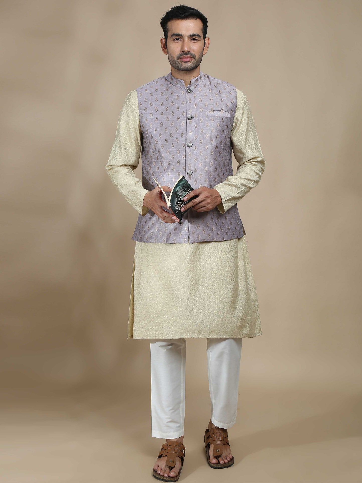 Mauve Banarasi Half Nehru Jacket