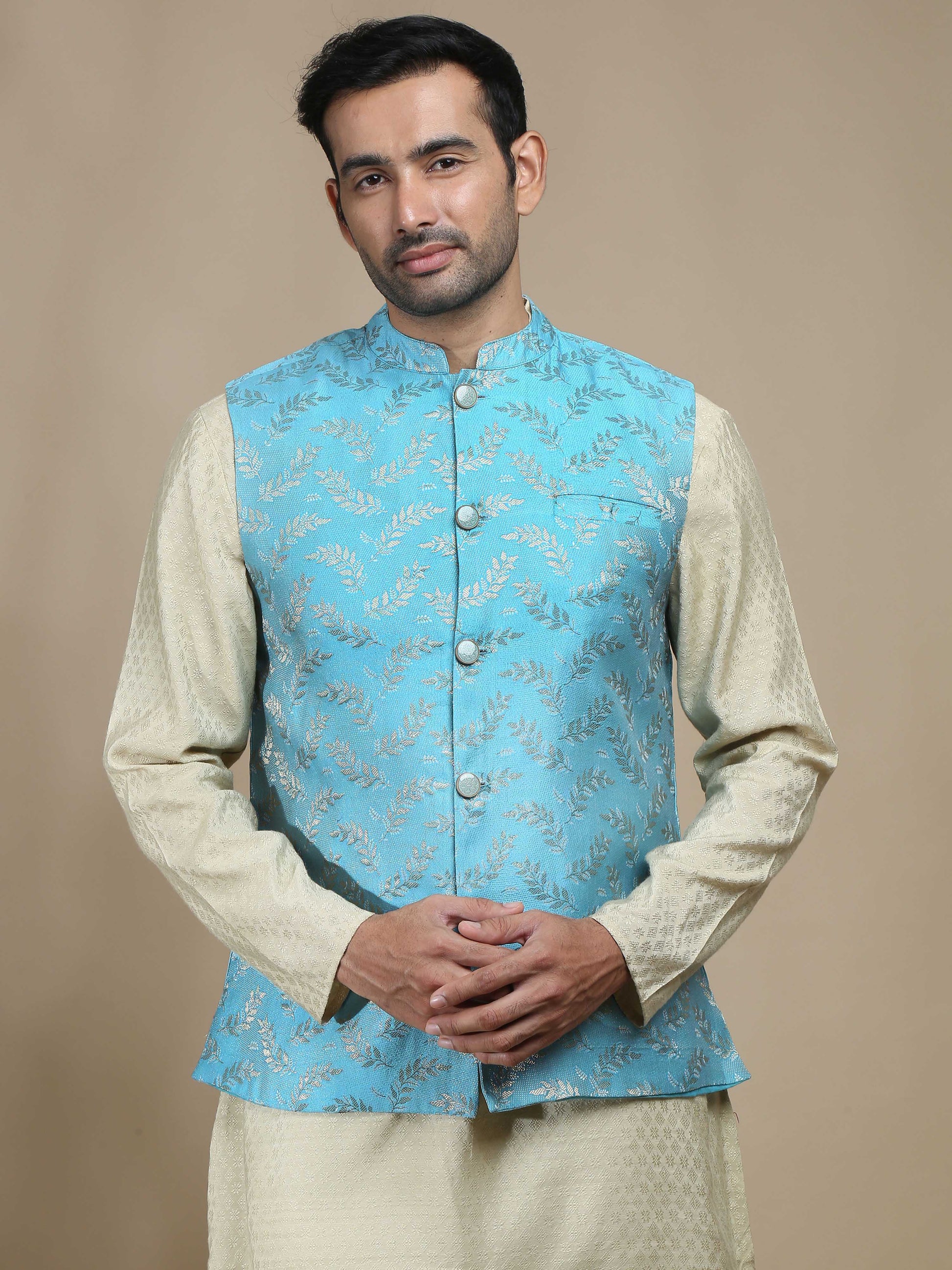 Sky Blue Brocade Nehru Jacket for Men