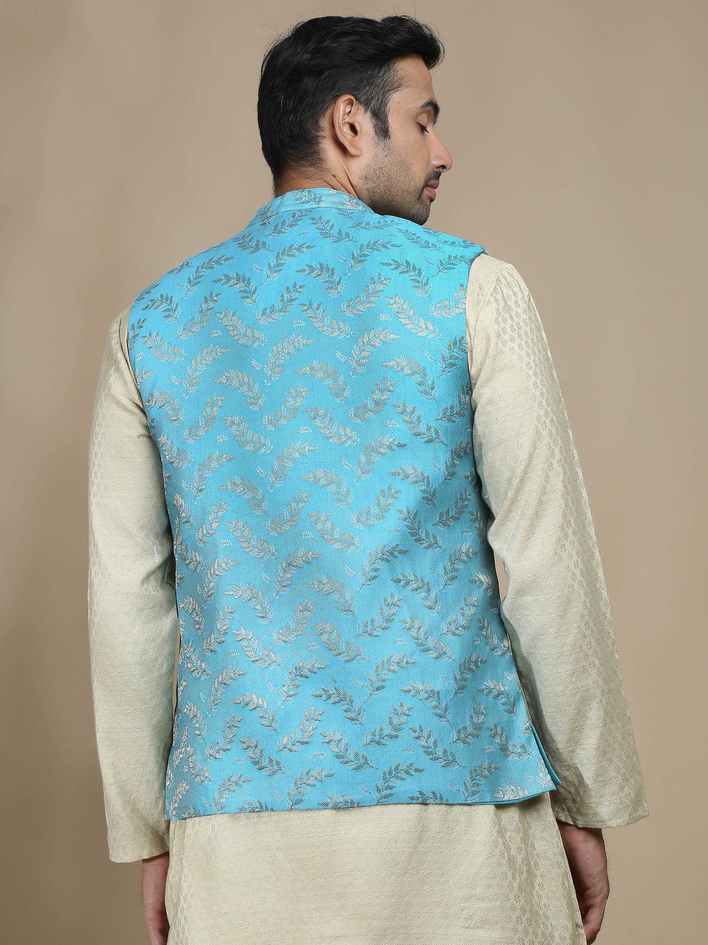 Sky Blue Brocade Nehru Jacket for Men