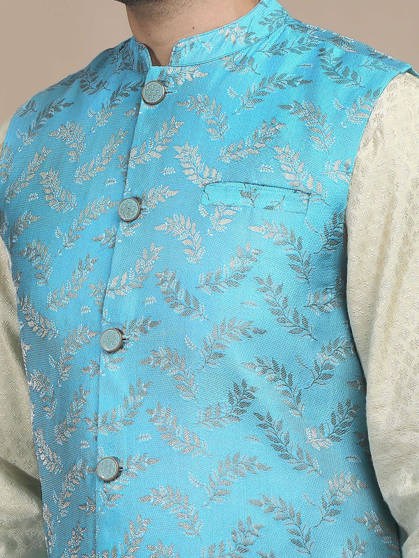 Sky Blue Brocade Nehru Jacket for Men