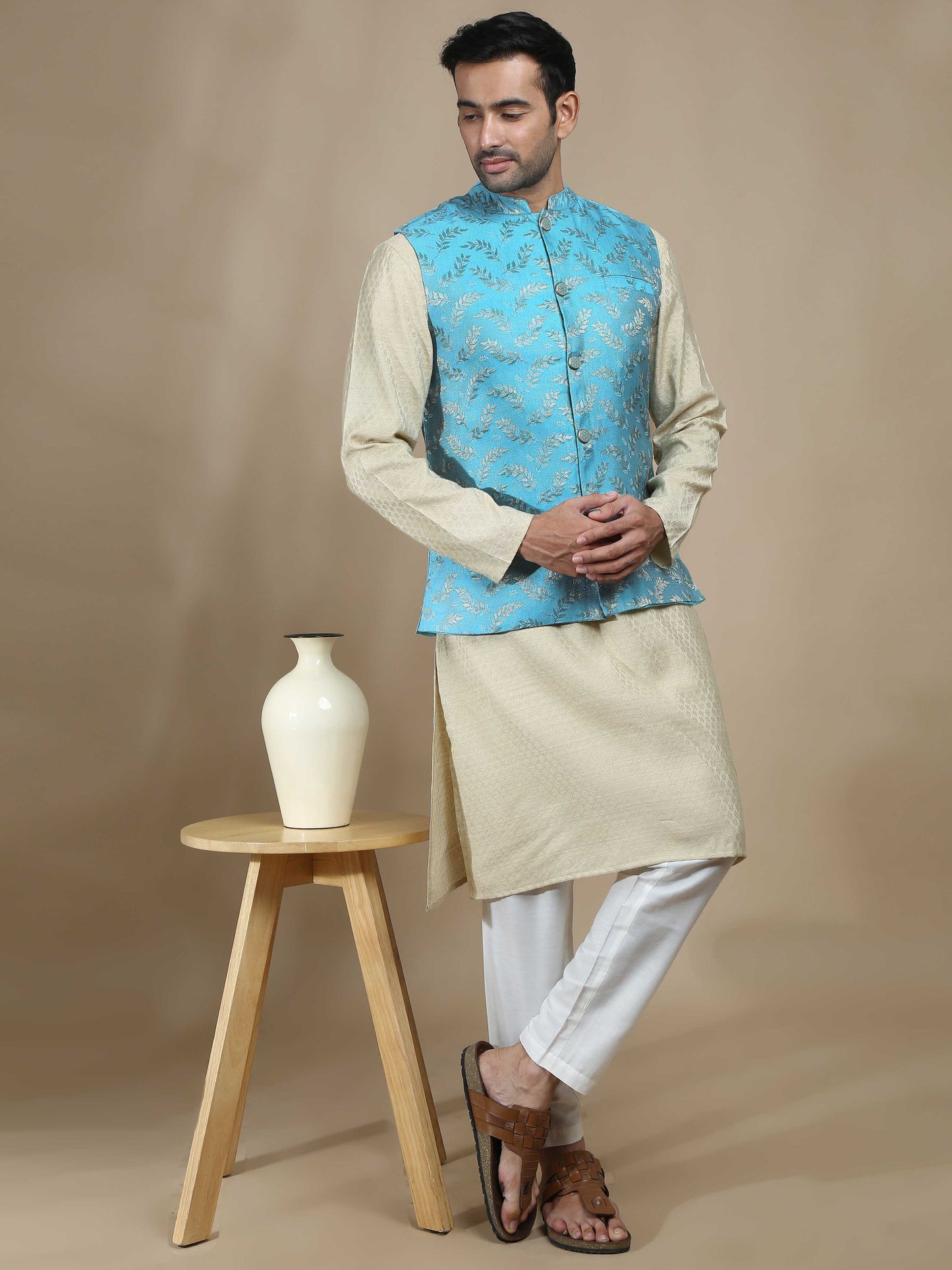 Sky Blue Brocade Nehru Jacket for Men