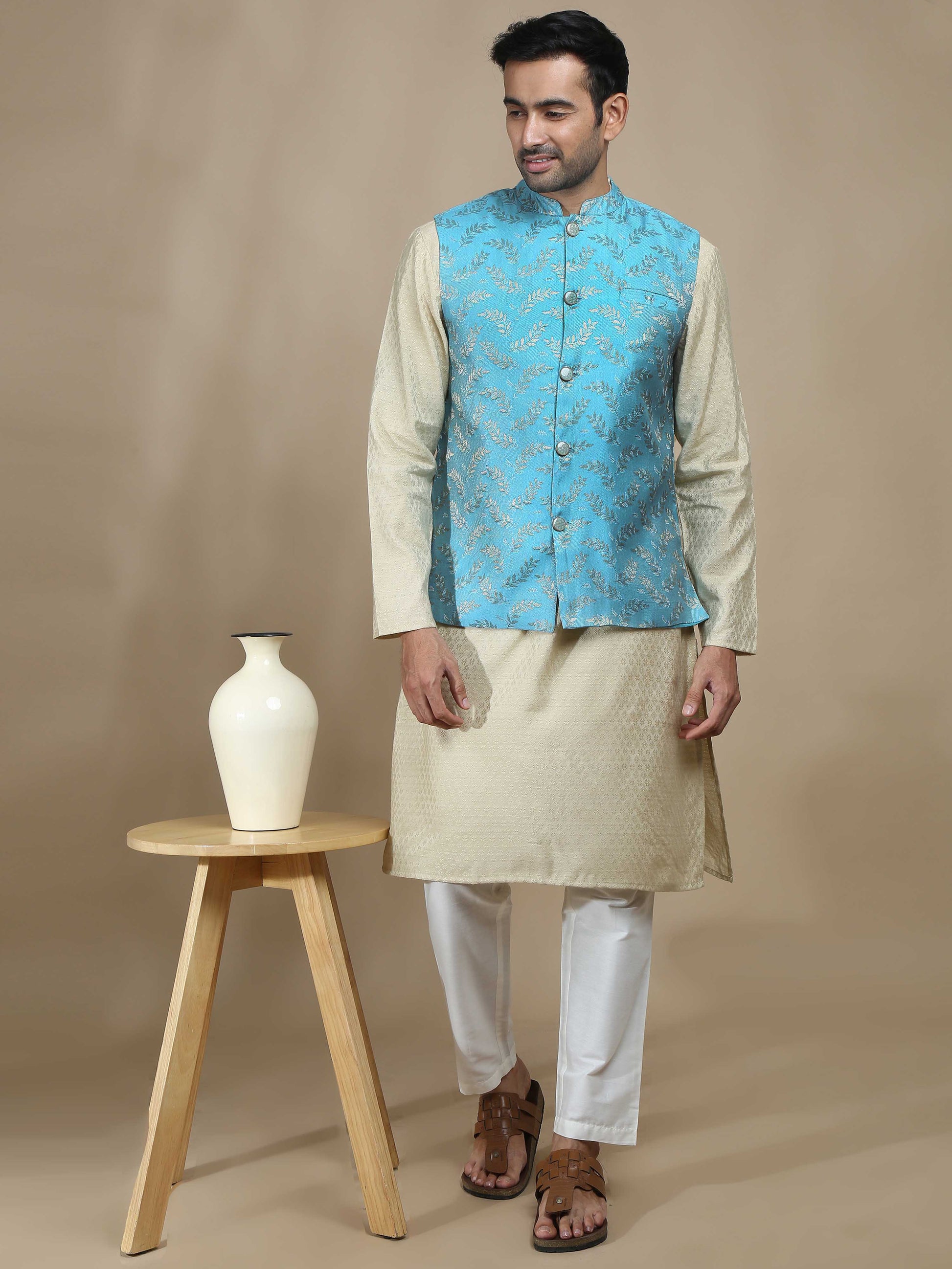 Sky Blue Brocade Nehru Jacket for Men