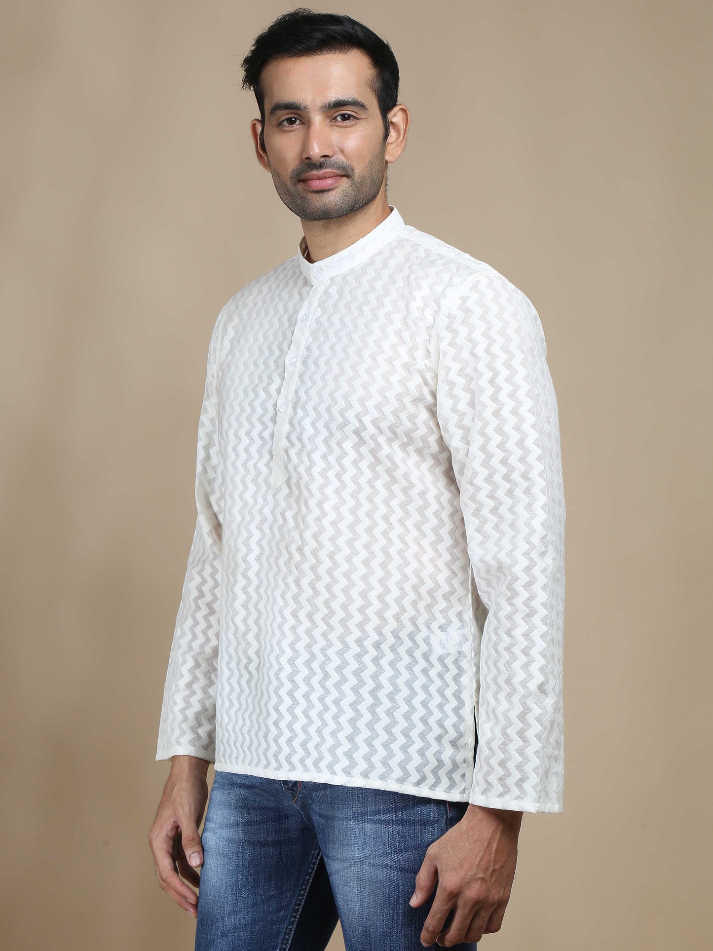 White Banarasi Short Kurta for Men