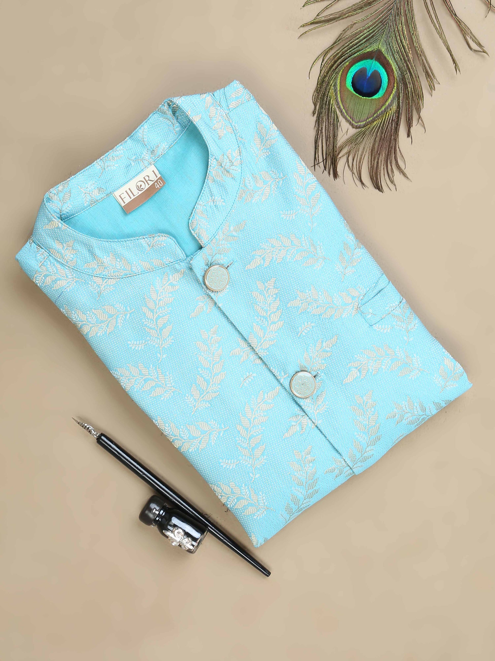 Sky Blue Brocade Nehru Jacket for Men