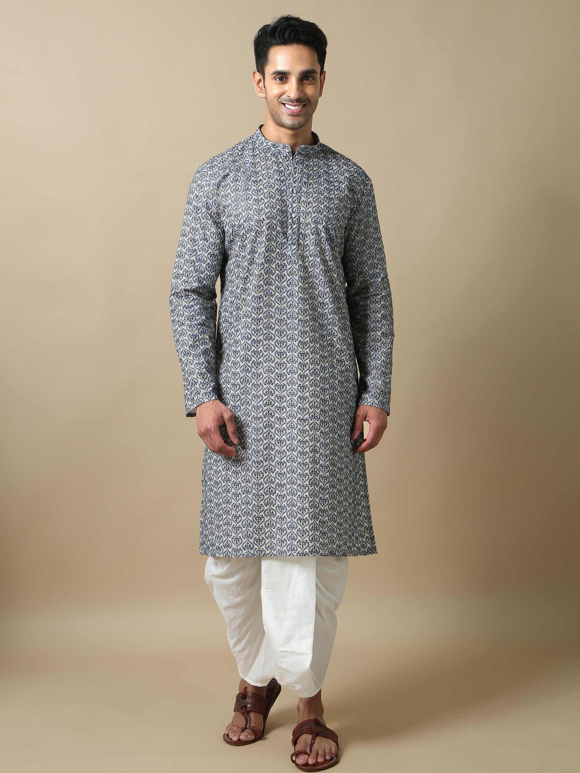 Blue Embroidered long cotton kurta for men