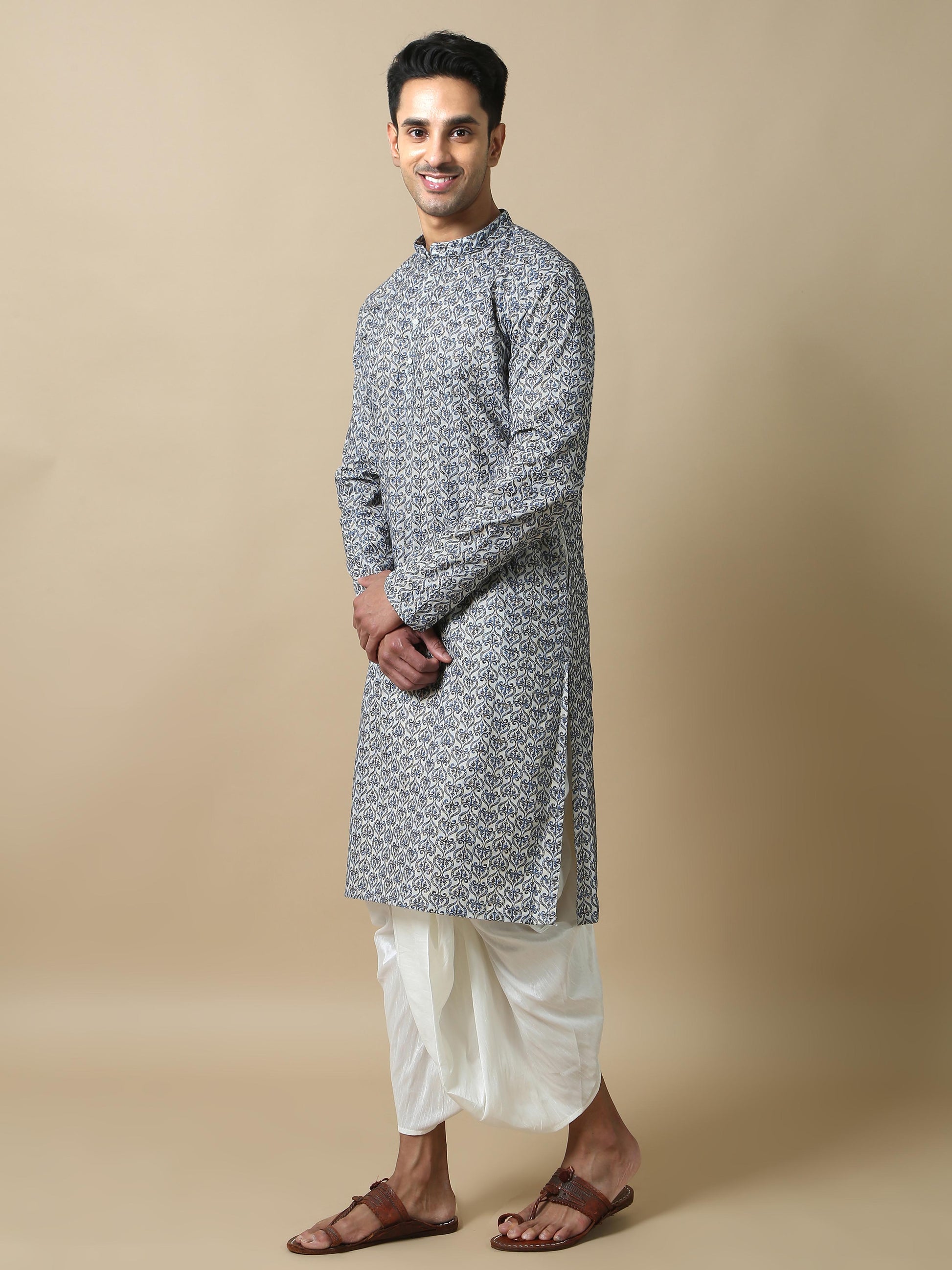 Blue Embroidered long cotton kurta for men