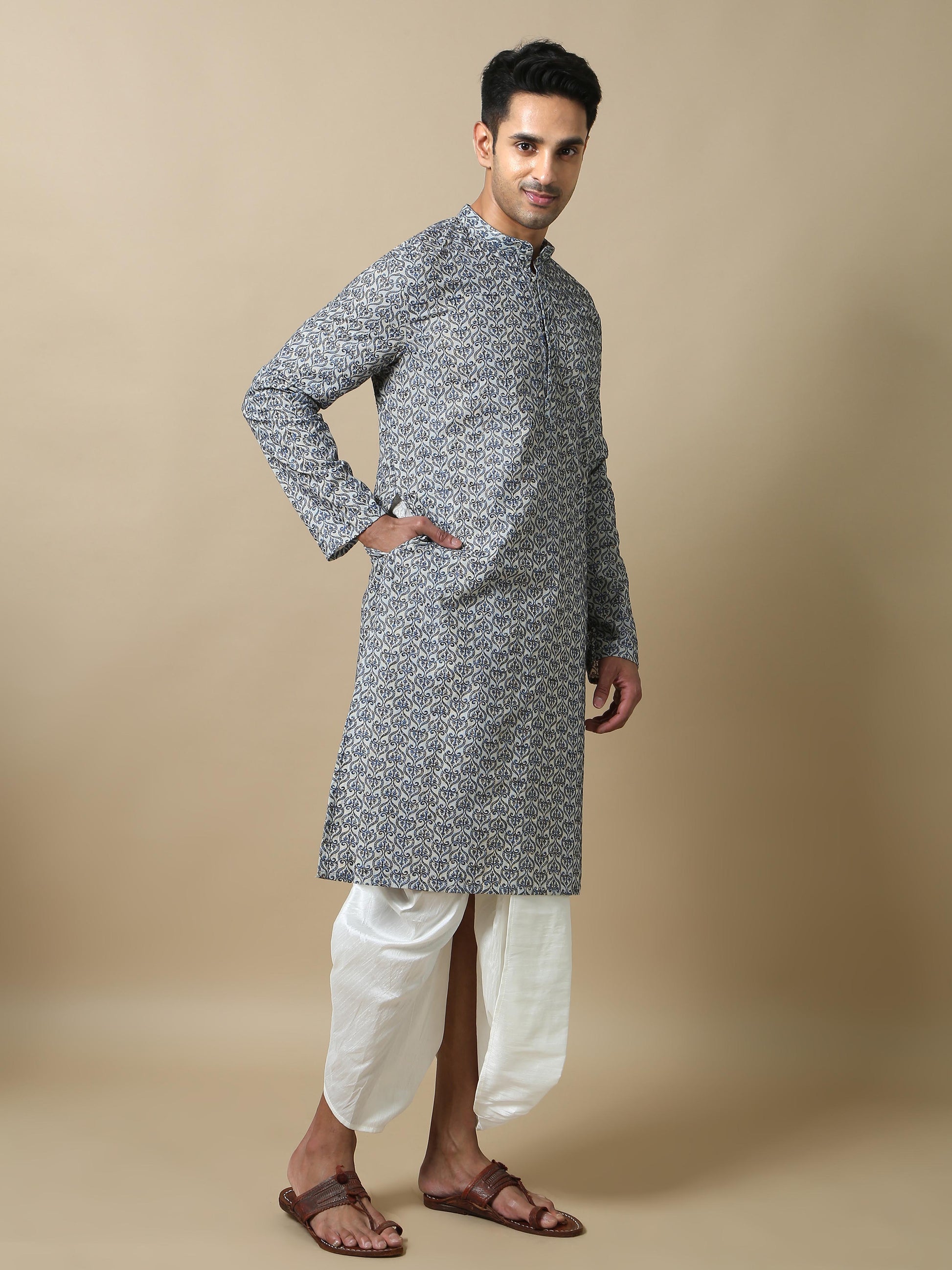 Blue Embroidered long cotton kurta for men