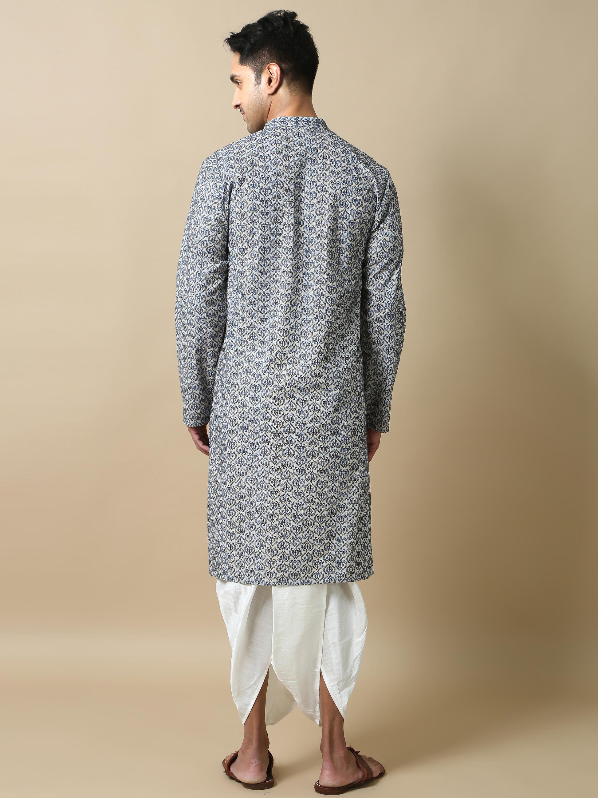 Blue Embroidered long cotton kurta for men