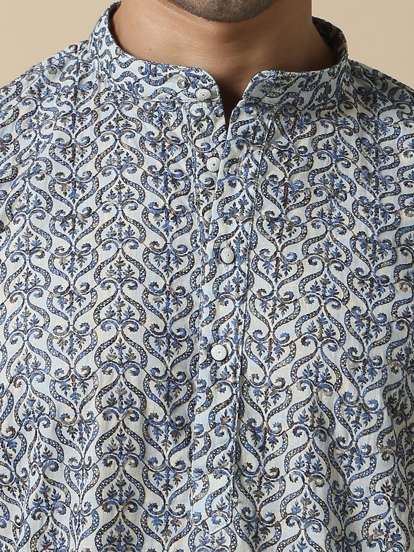 Blue Embroidered long cotton kurta for men