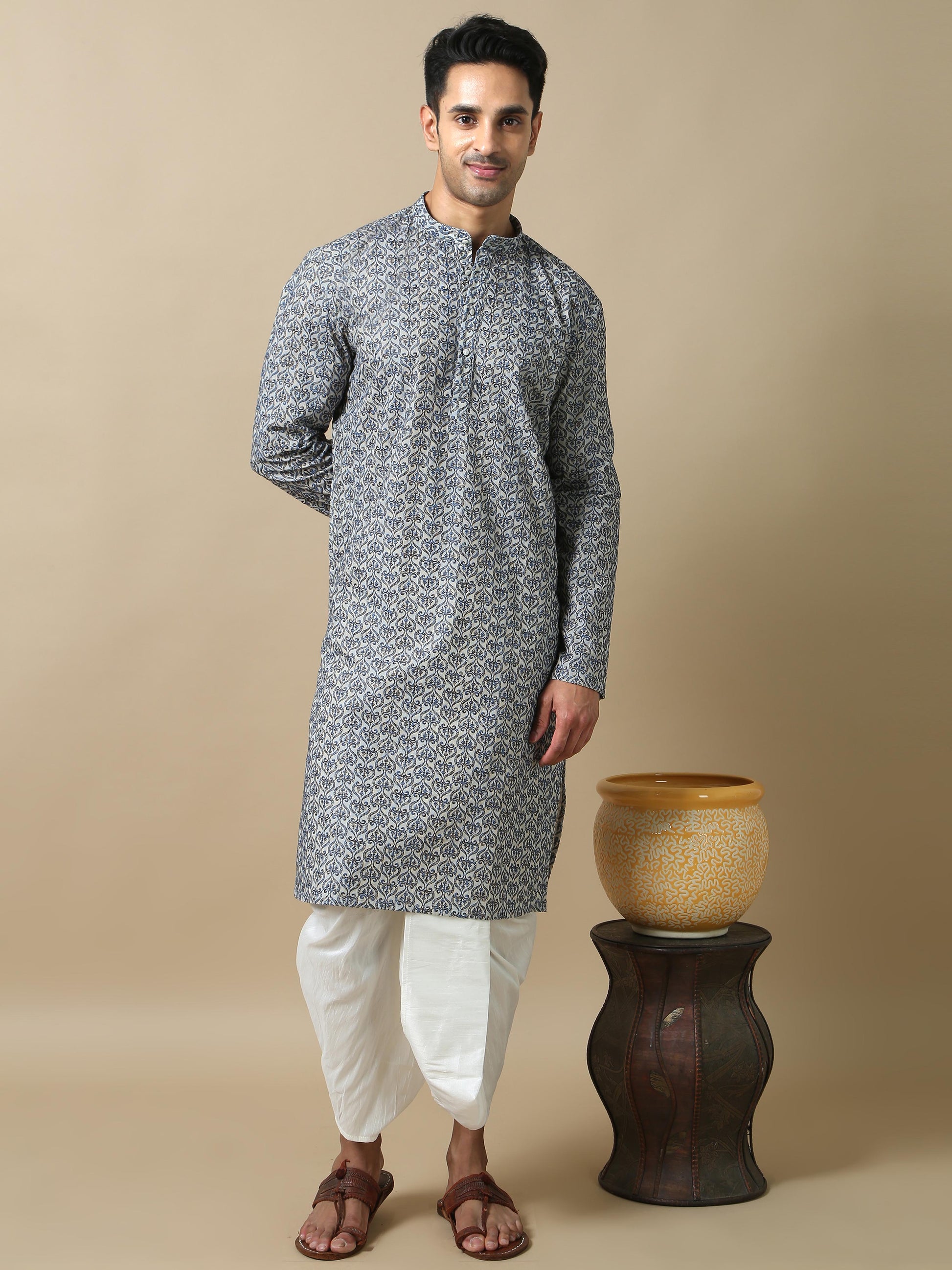 Blue Embroidered long cotton kurta for men