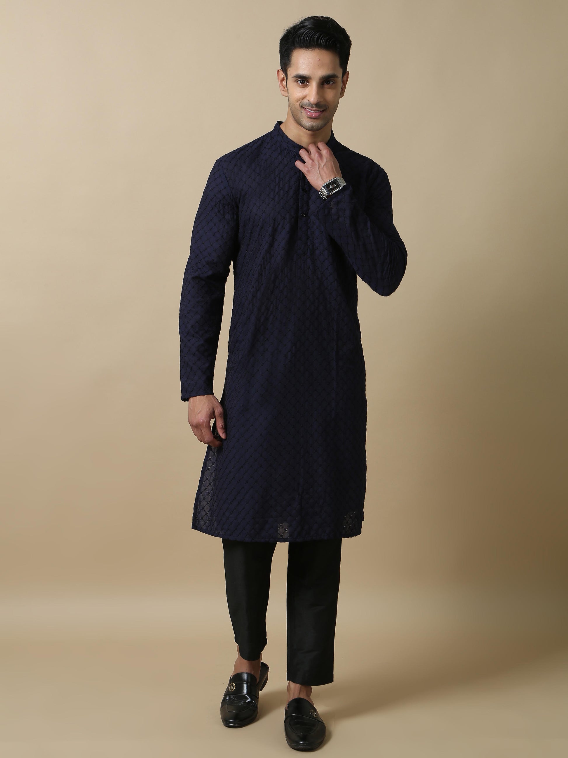 Navy Blue Chikankari long kurta for mens