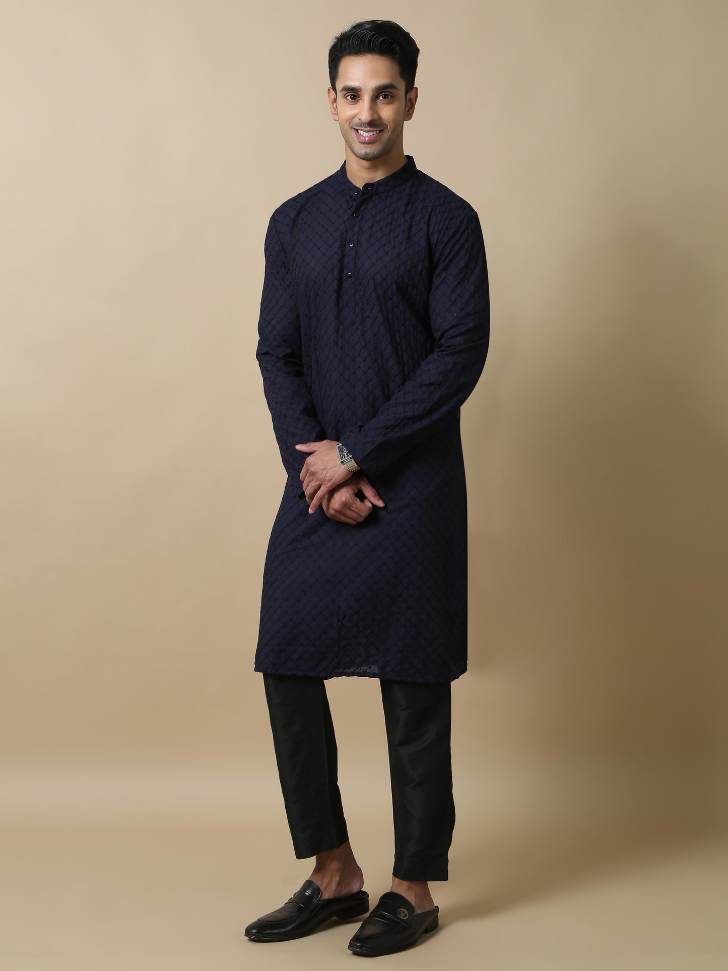 Navy Blue Chikankari long kurta for mens