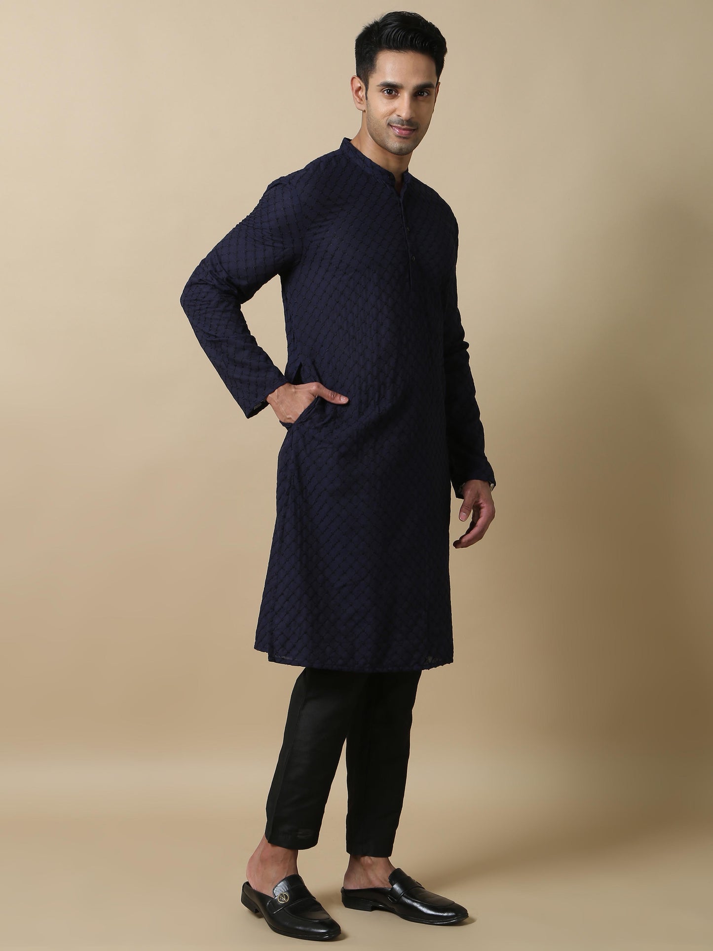 Navy Blue Chikankari long kurta for mens