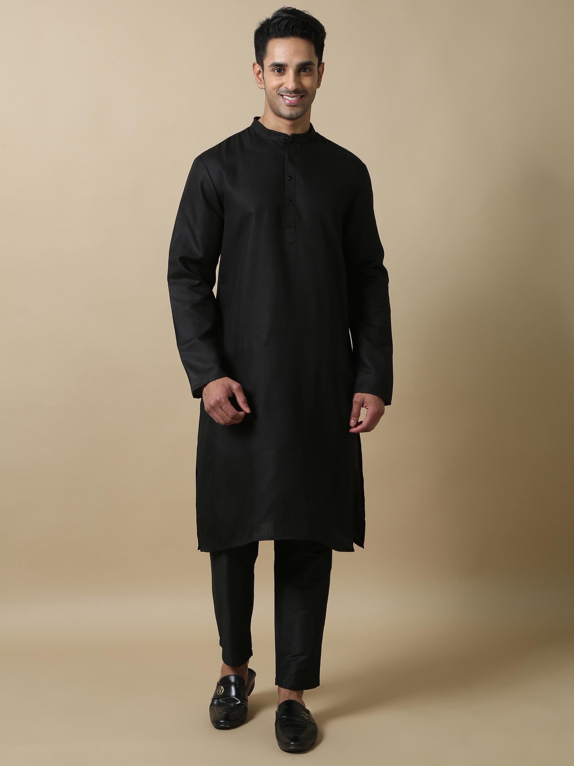 Black Plain long cotton kurta for men