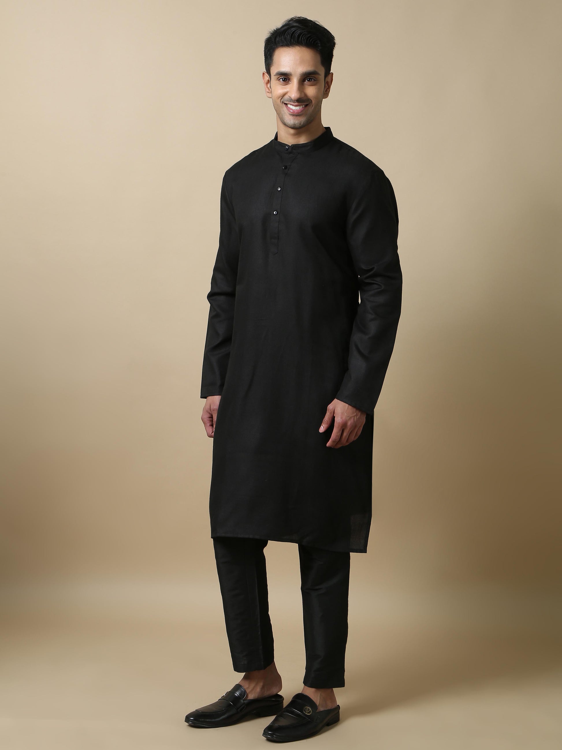 Black Plain long cotton kurta for men