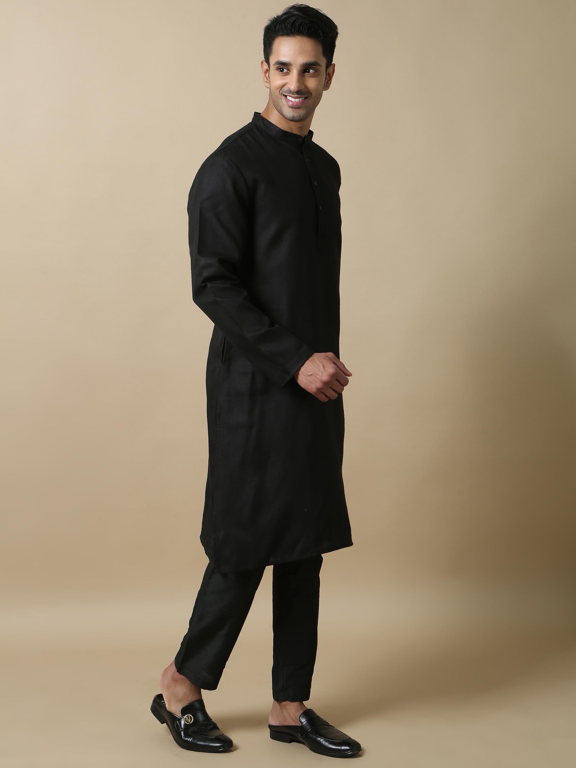 Black Plain long cotton kurta for men