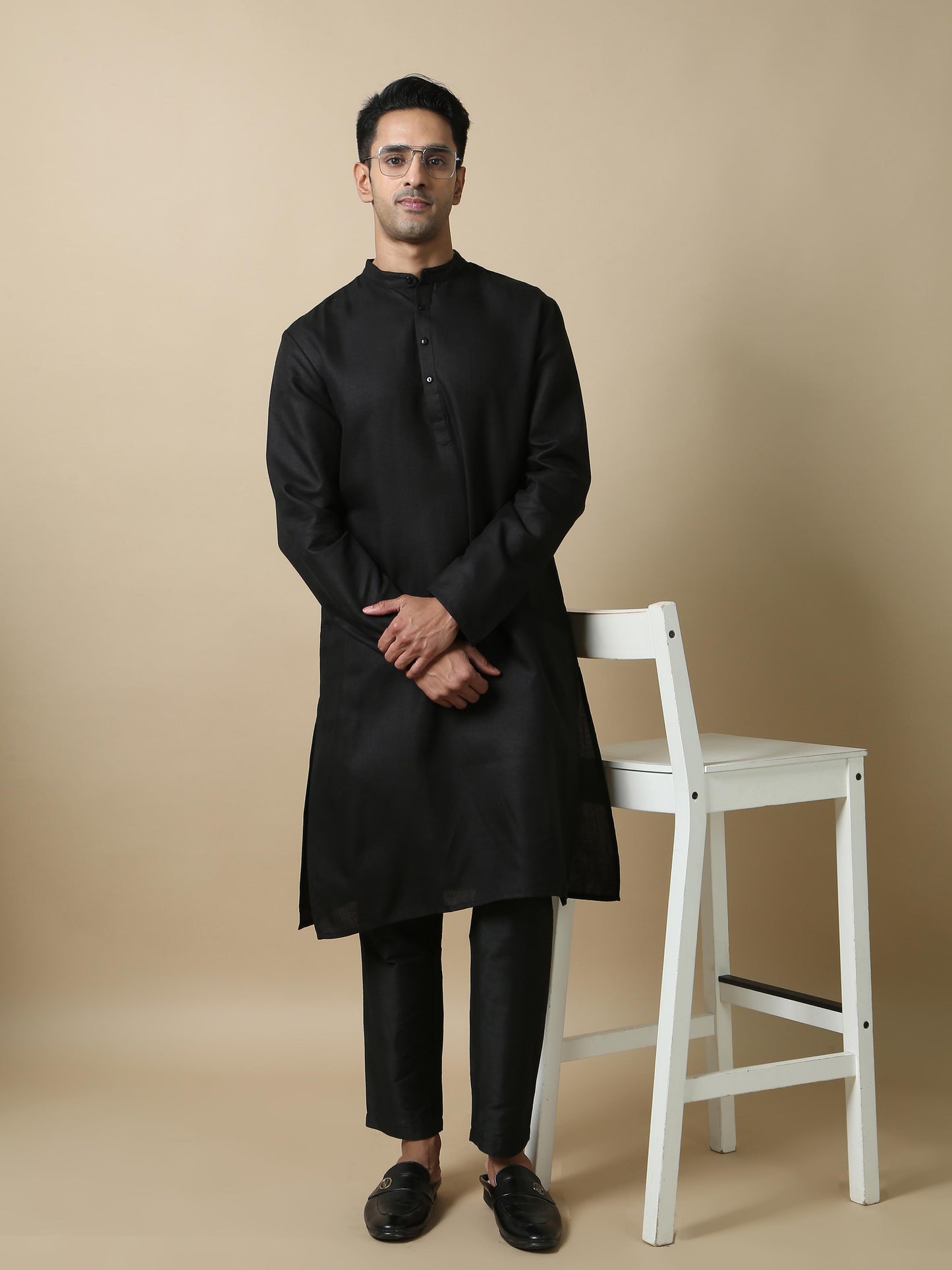 Black Plain long cotton kurta for men