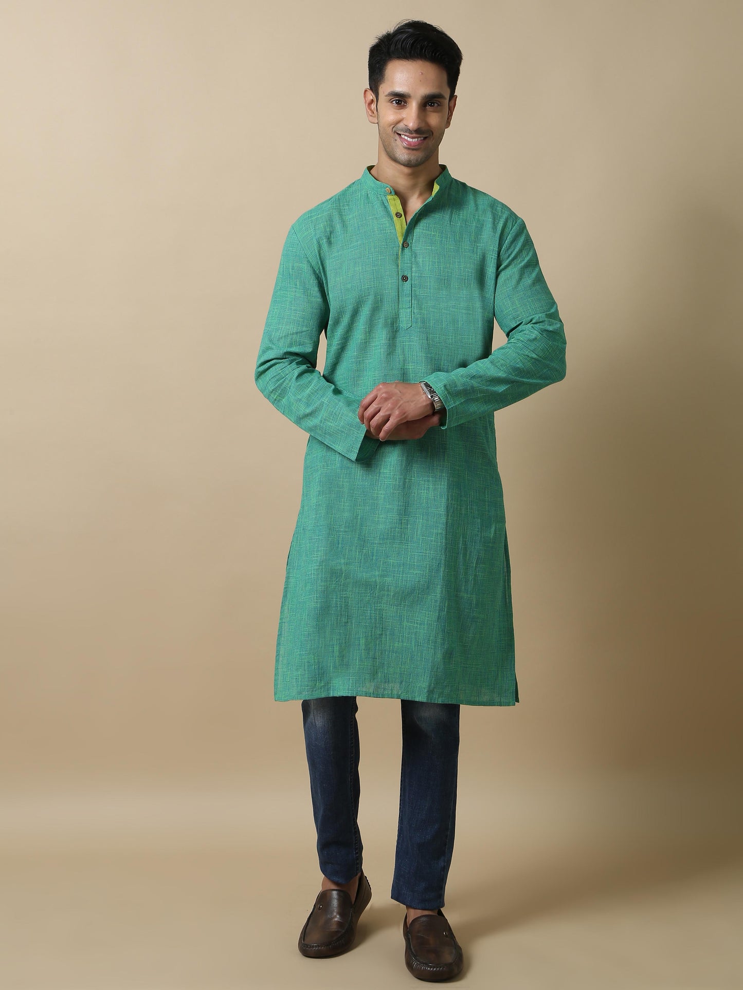 Parrot Green Cotton Long Kurta For Men