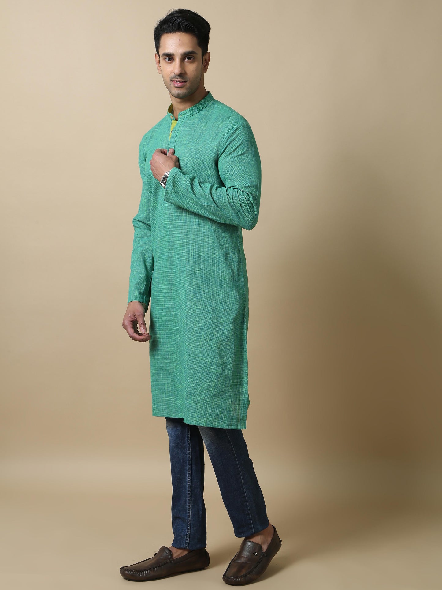 Parrot Green Cotton Long Kurta For Men