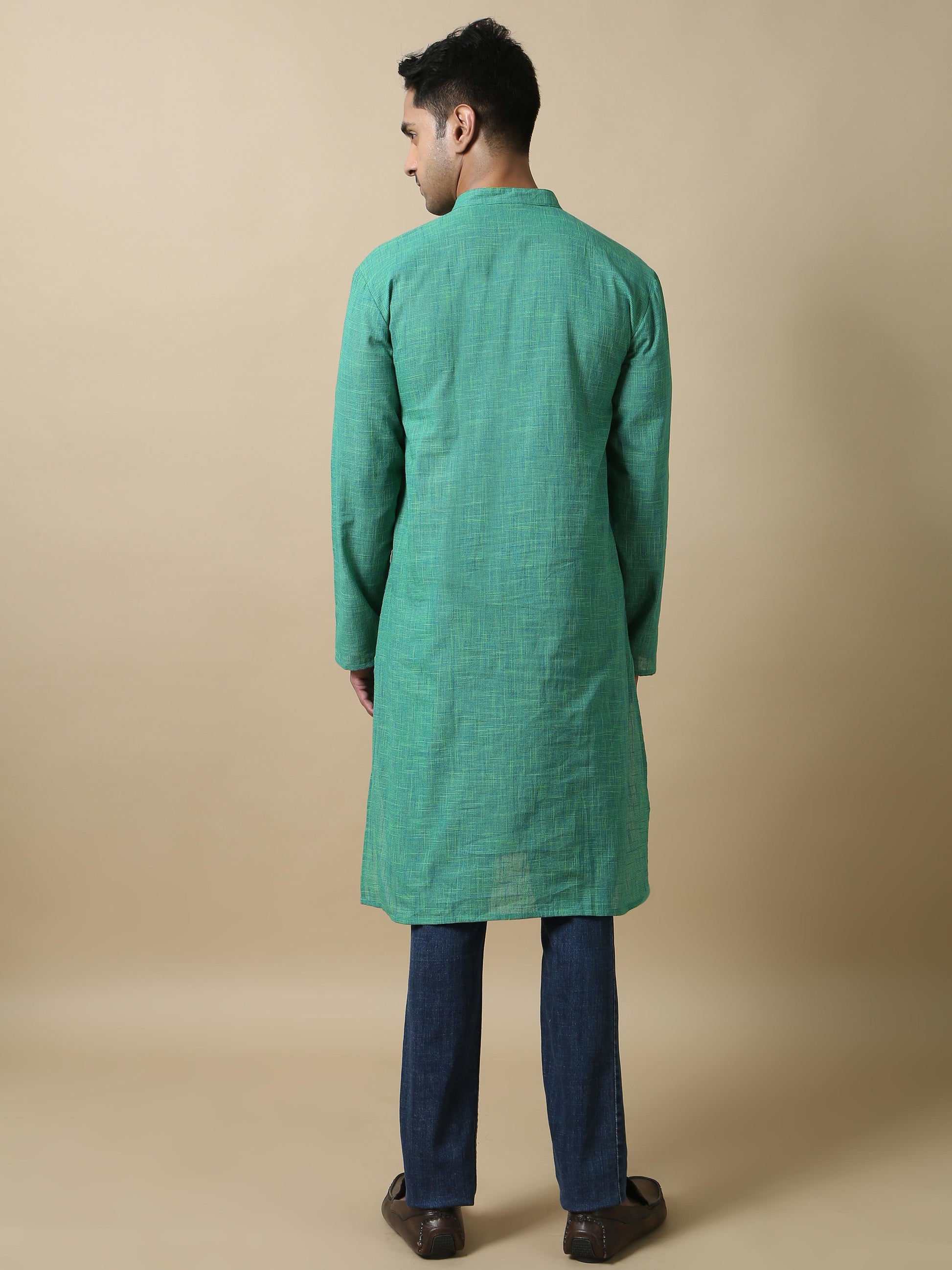 Parrot Green Cotton Long Kurta For Men