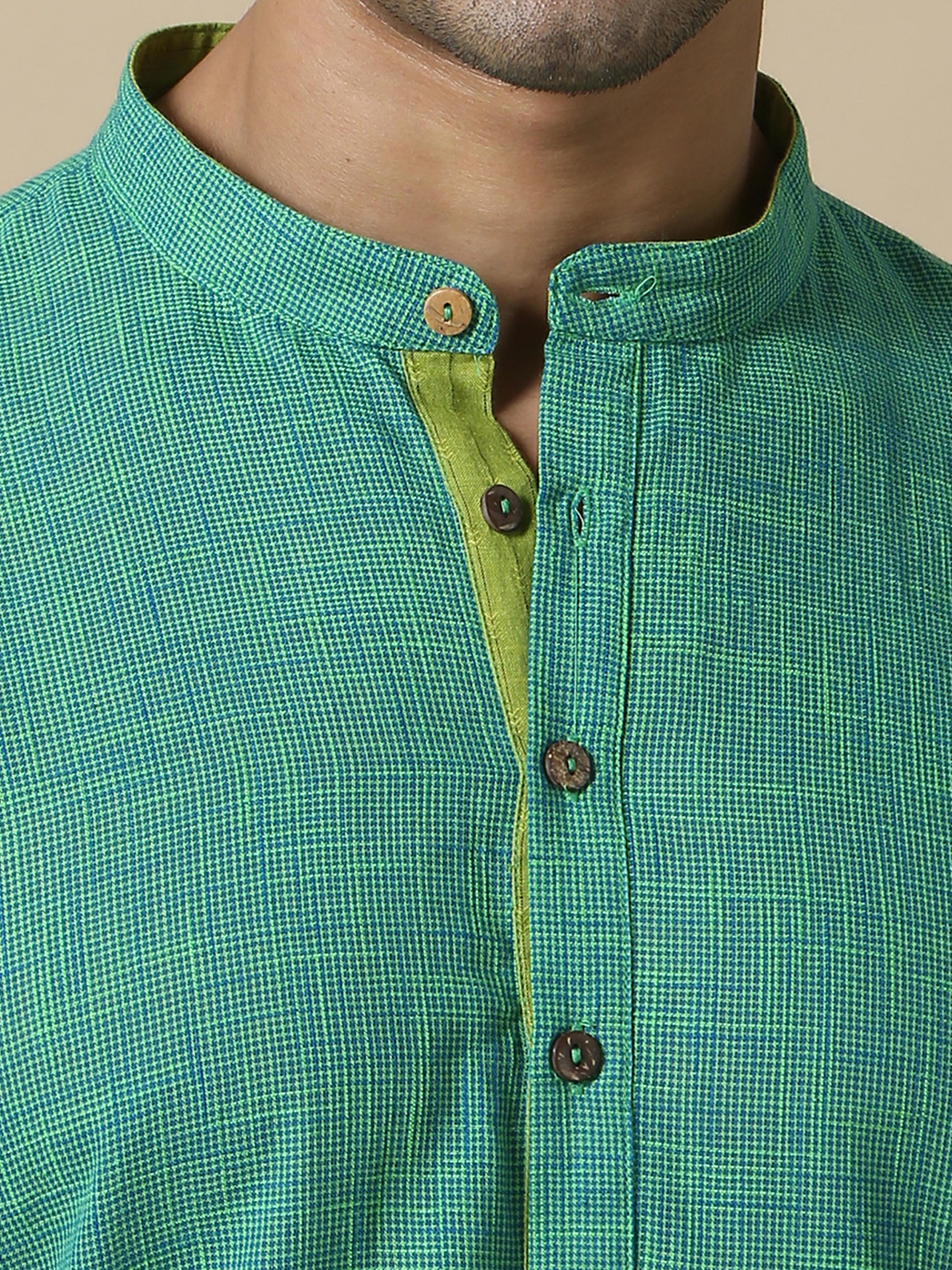 Parrot Green Cotton Long Kurta For Men