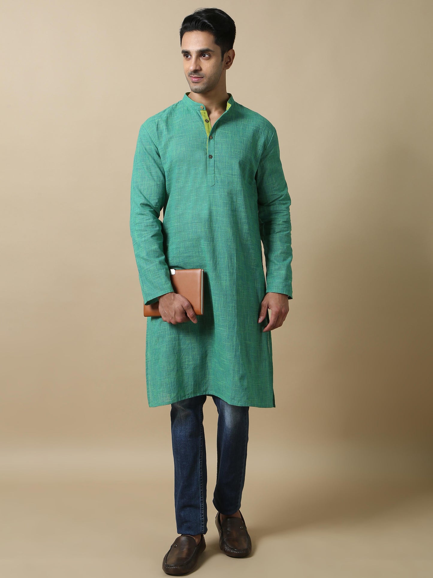 Parrot Green Cotton Long Kurta For Men