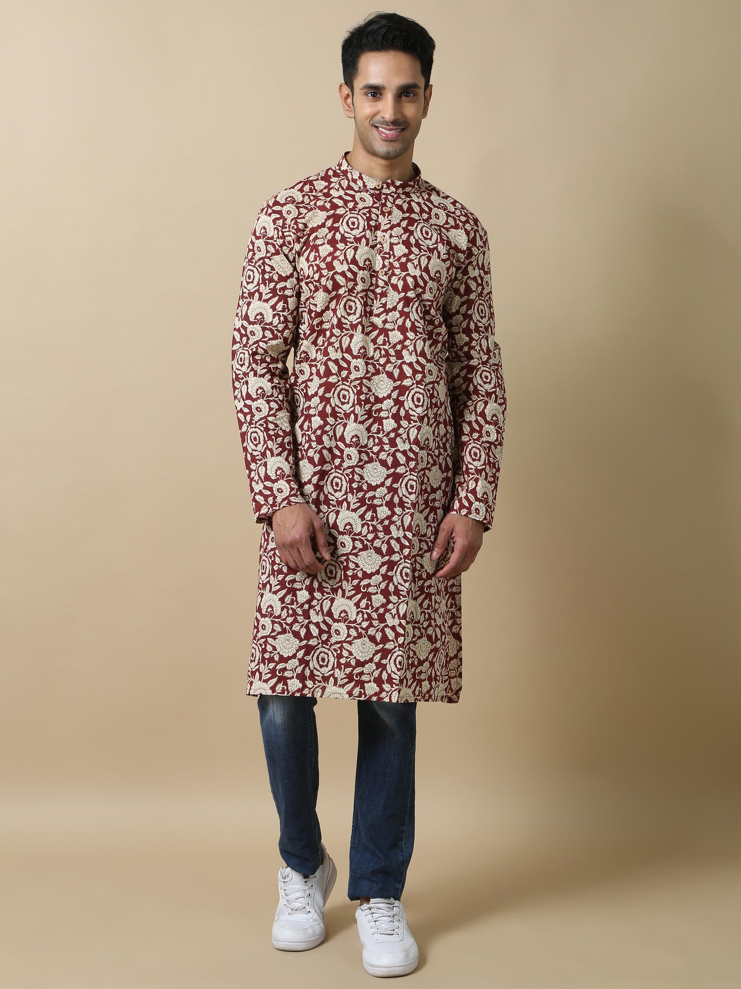 Jaipur Print Maroon Long Kurta for Men