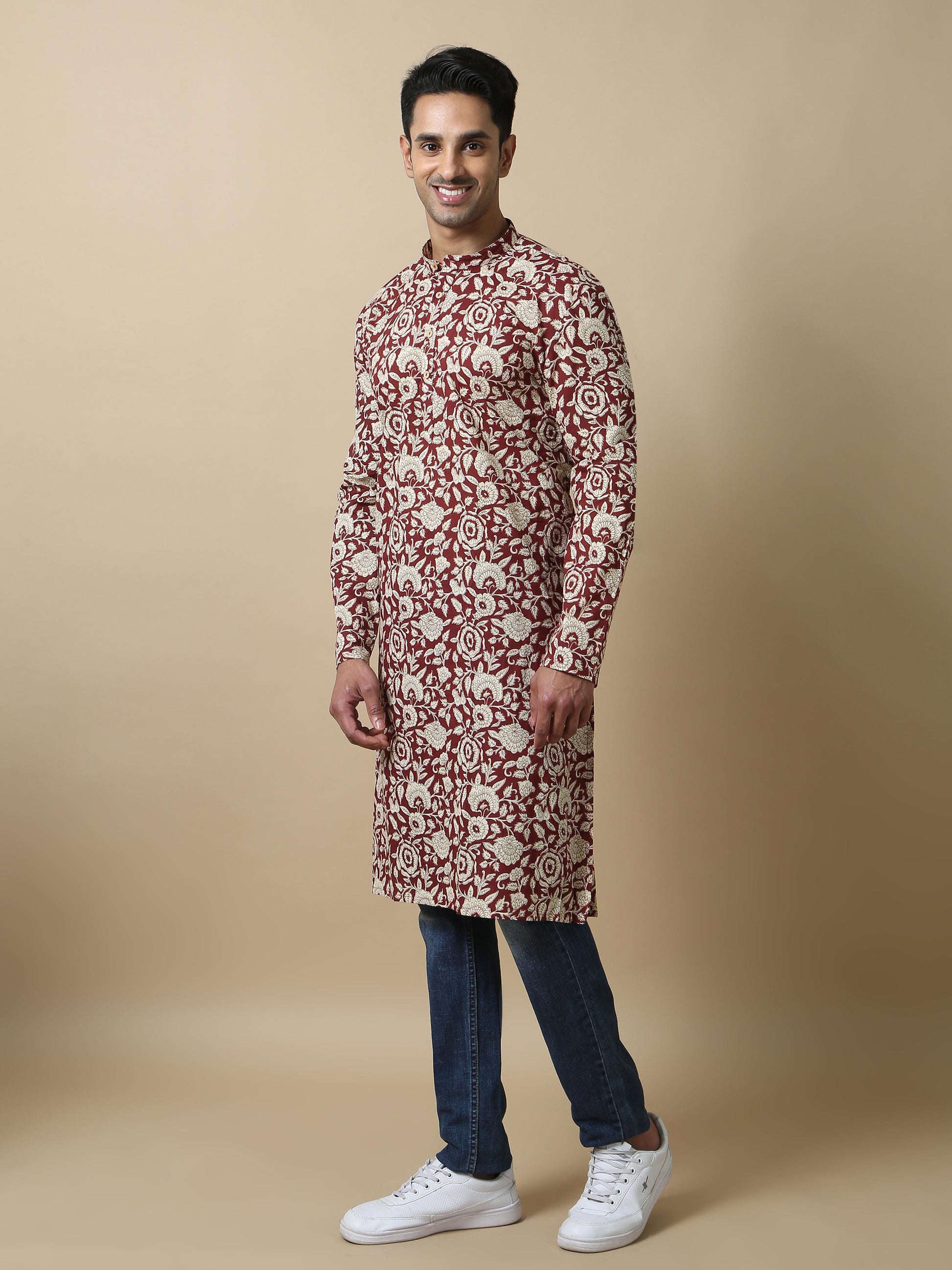 Jaipur Print Maroon Long Kurta for Men