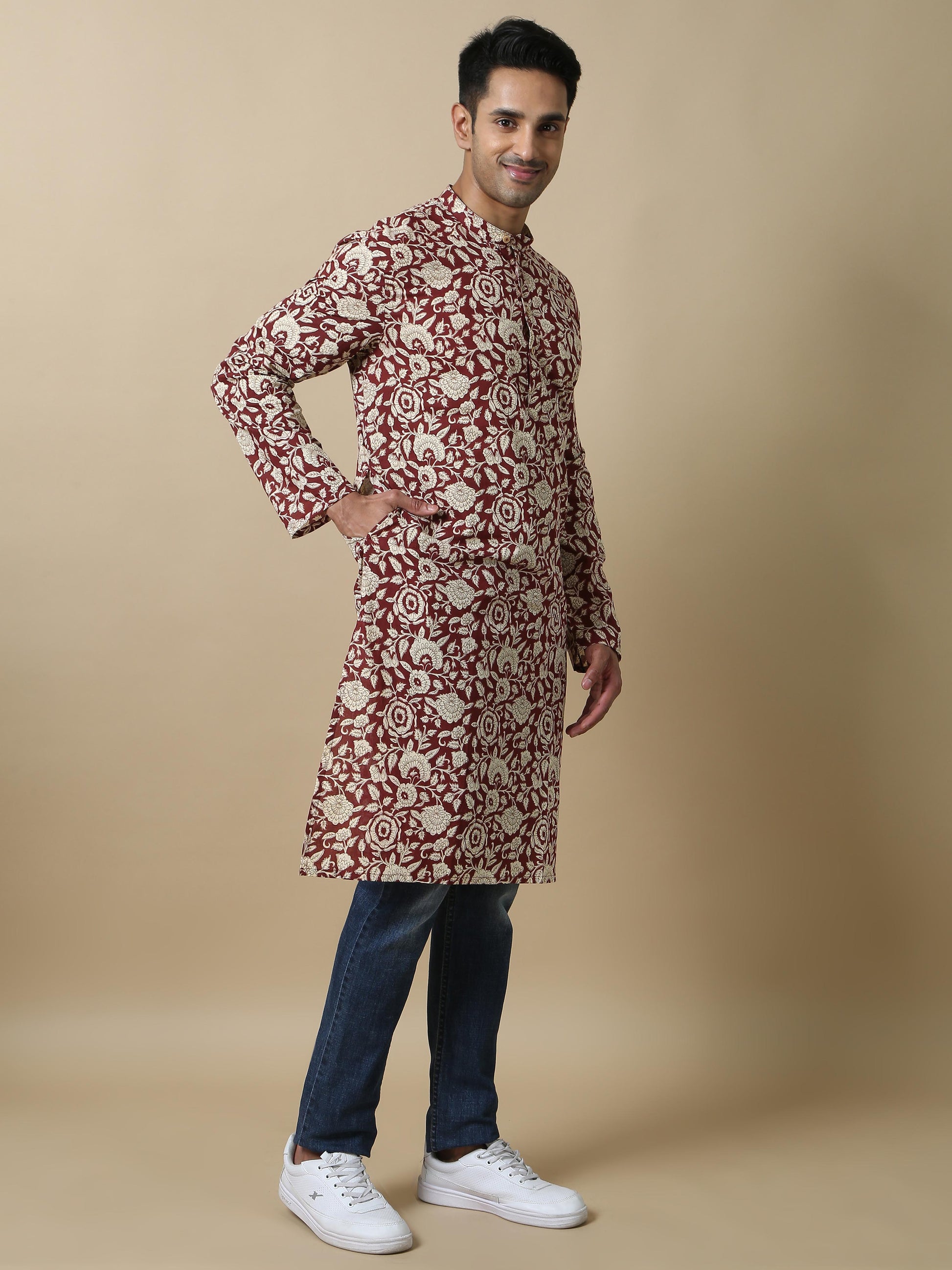 Jaipur Print Maroon Long Kurta for Men