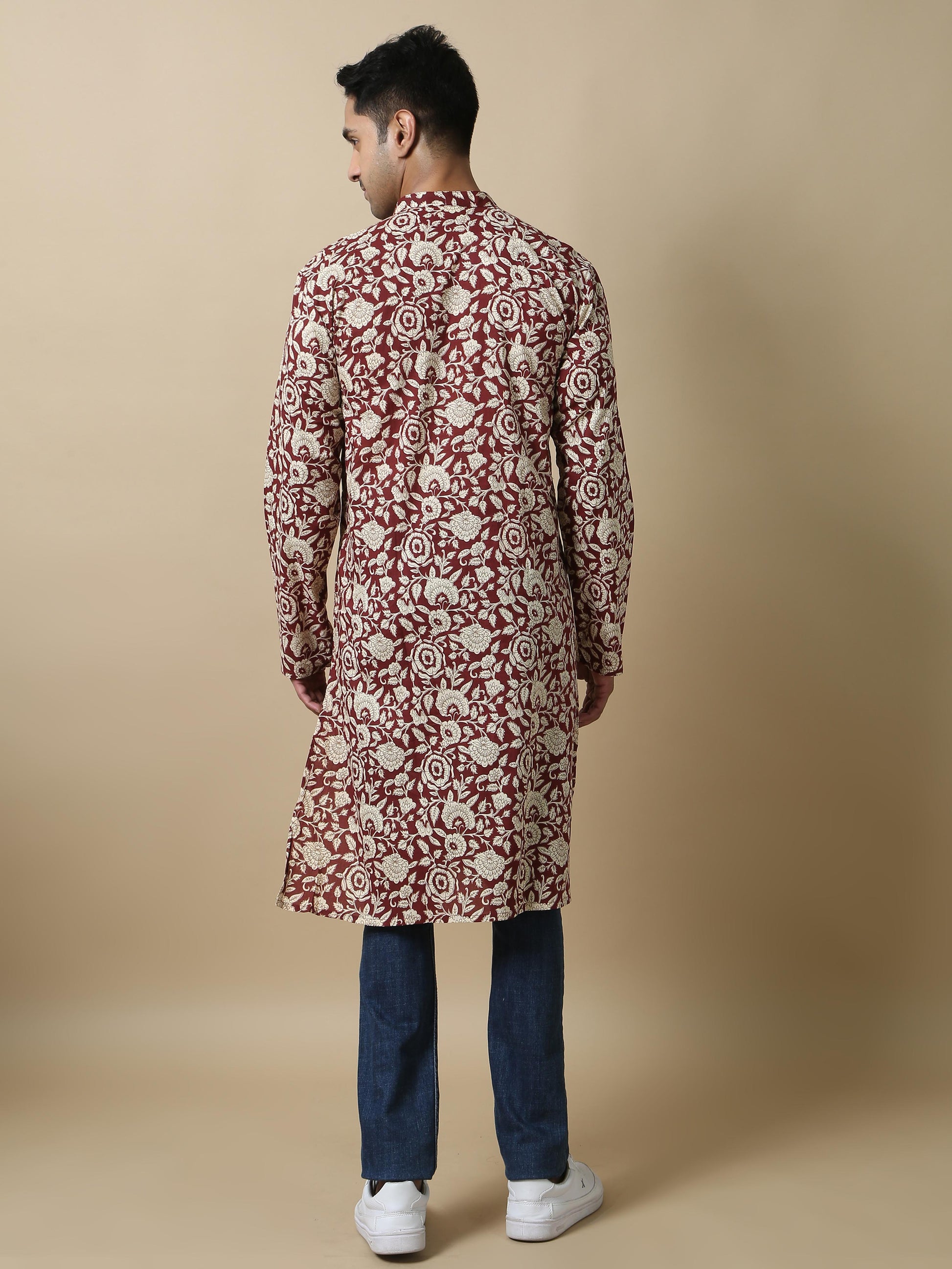 Jaipur Print Maroon Long Kurta for Men