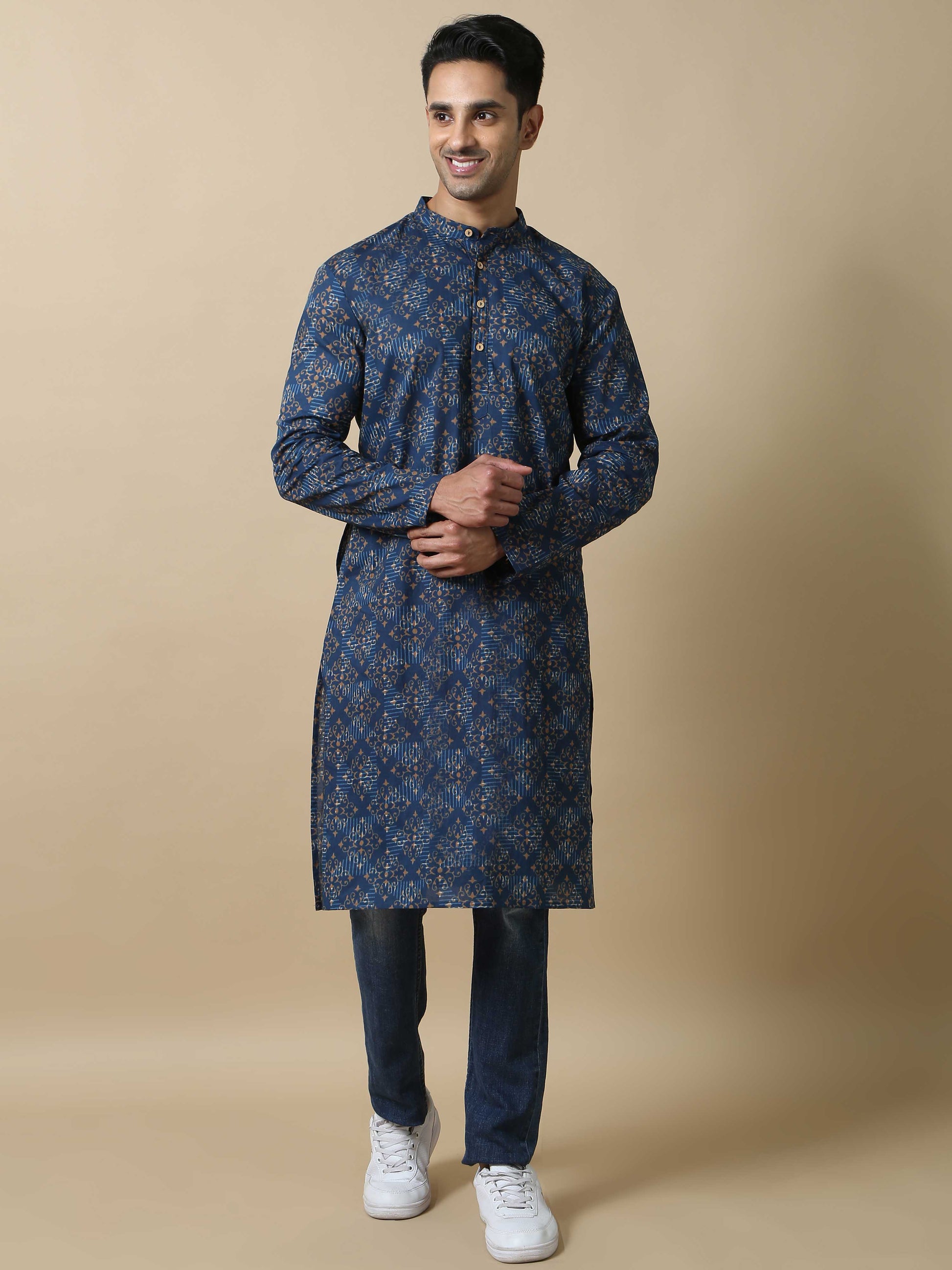 Jaipur Print Blue Long Kurta for Men