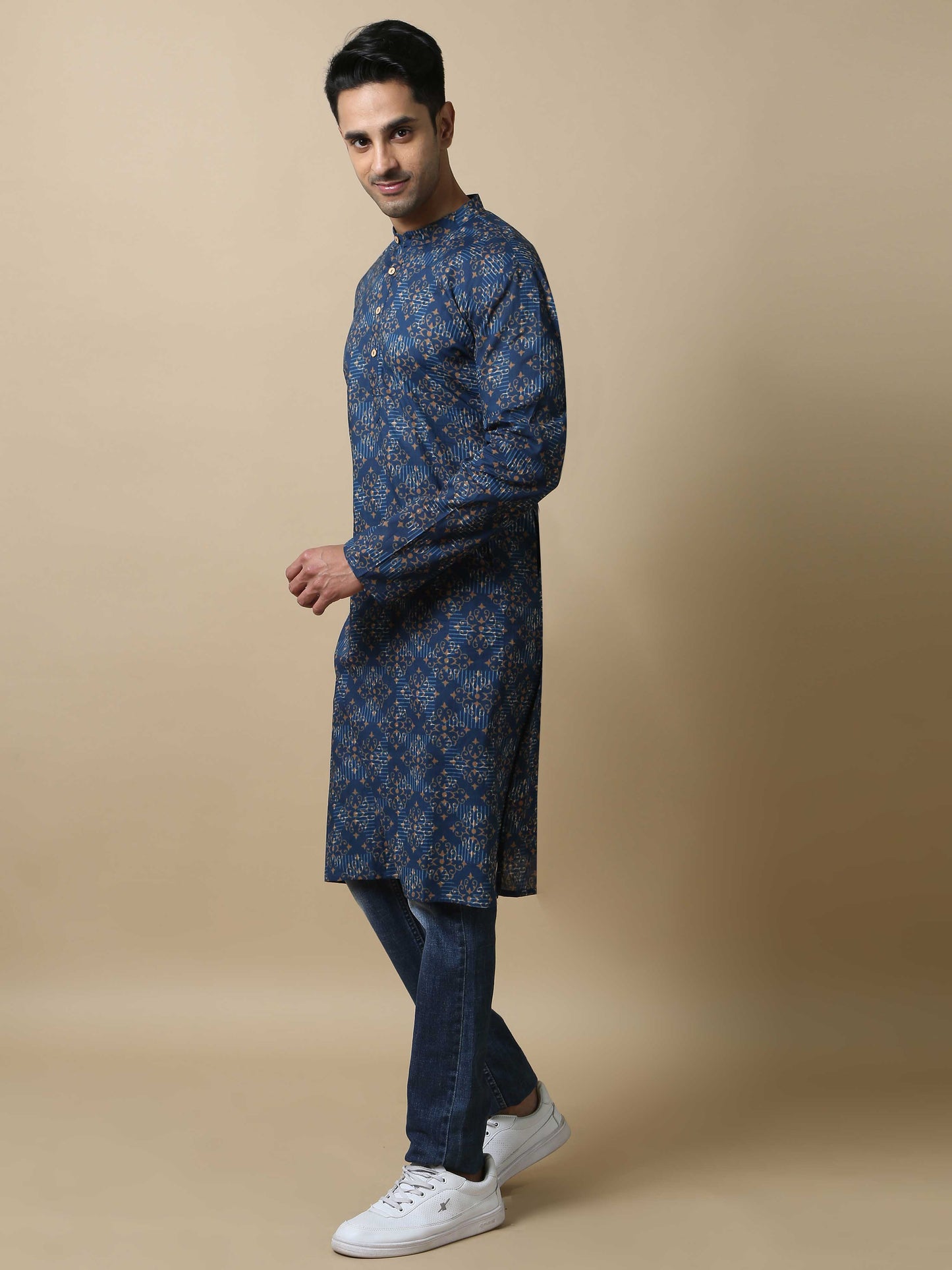 Jaipur Print Blue Long Kurta for Men