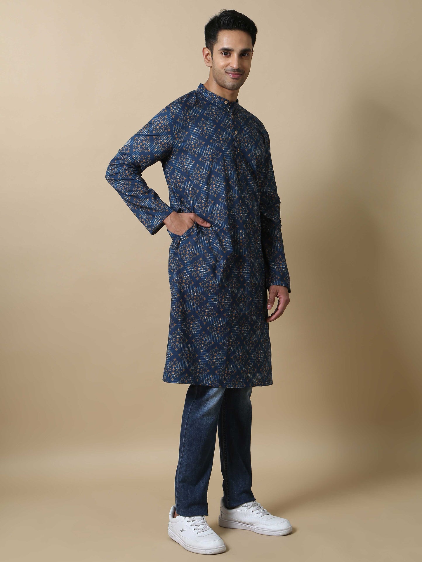 Jaipur Print Blue Long Kurta for Men