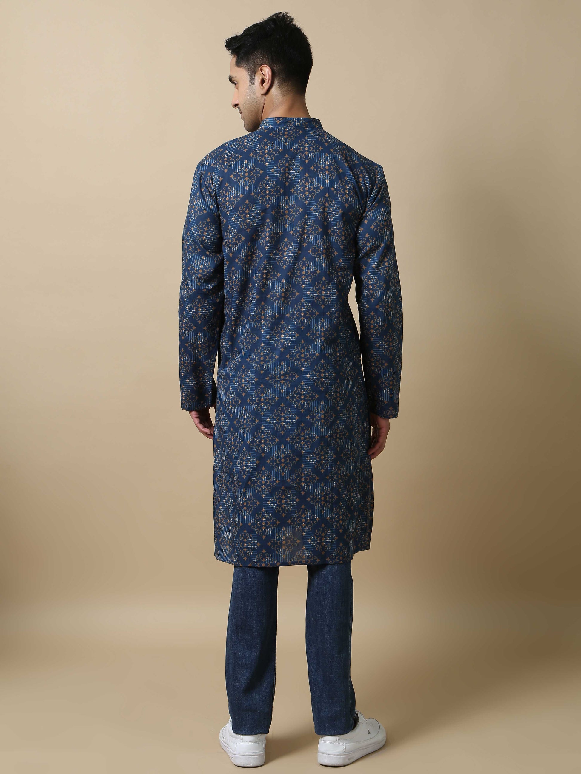 Jaipur Print Blue Long Kurta for Men