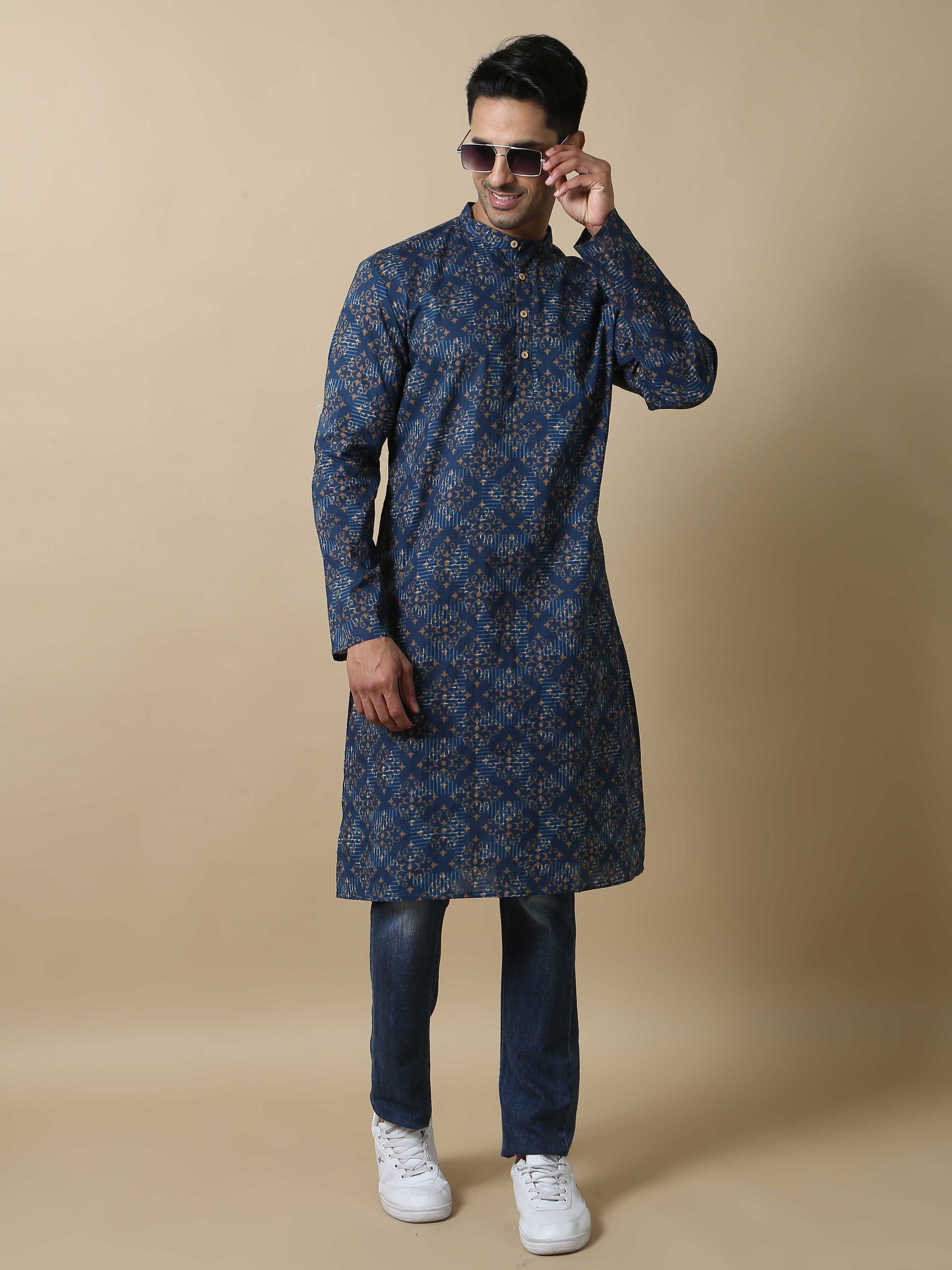 Jaipur Print Blue Long Kurta for Men