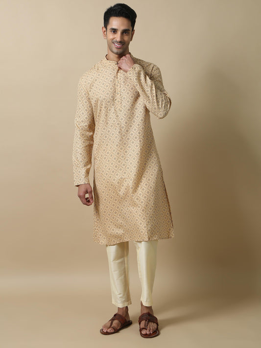 Cream Printed mens long kurta designs