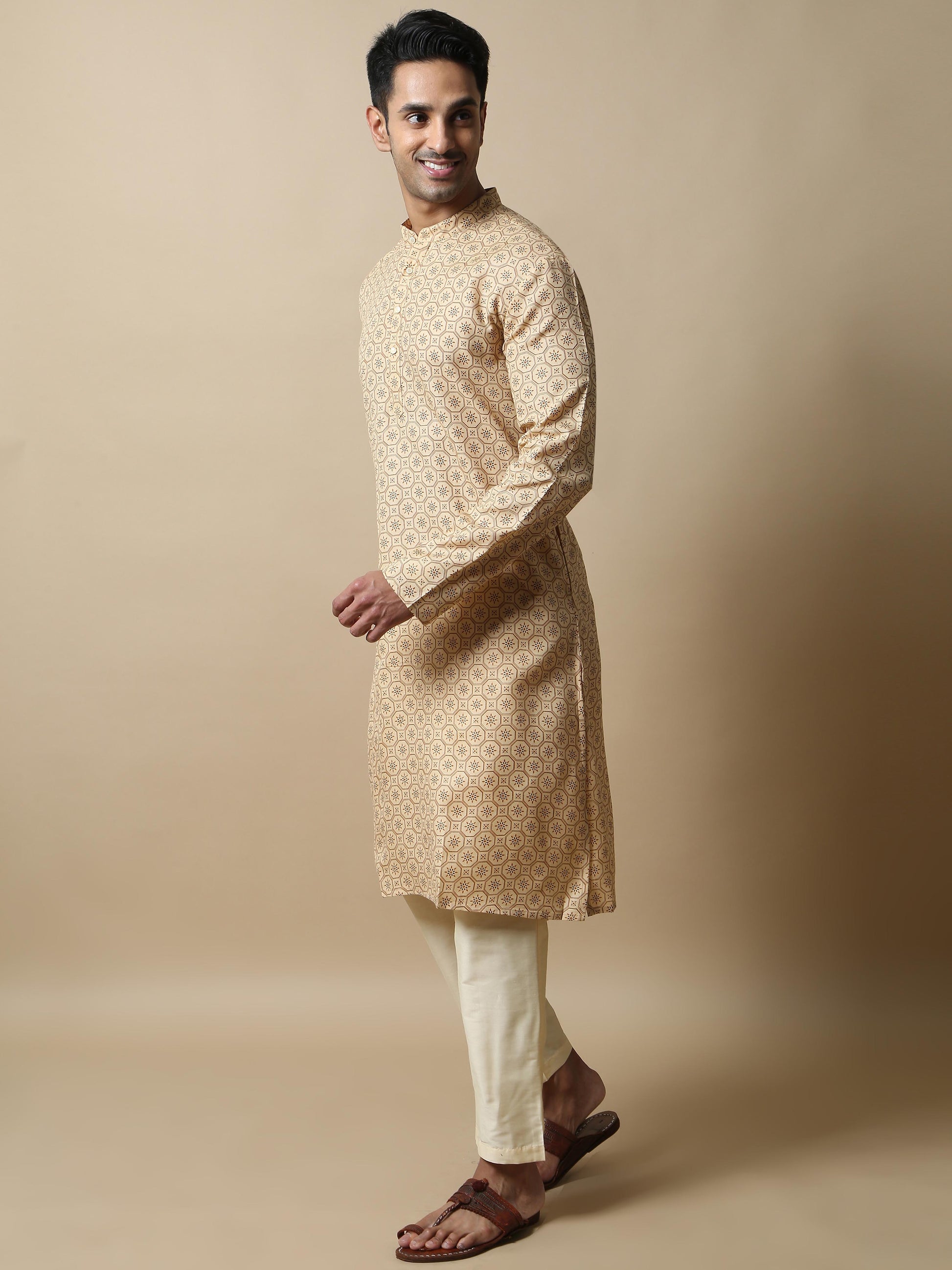 Cream Printed mens long kurta designs