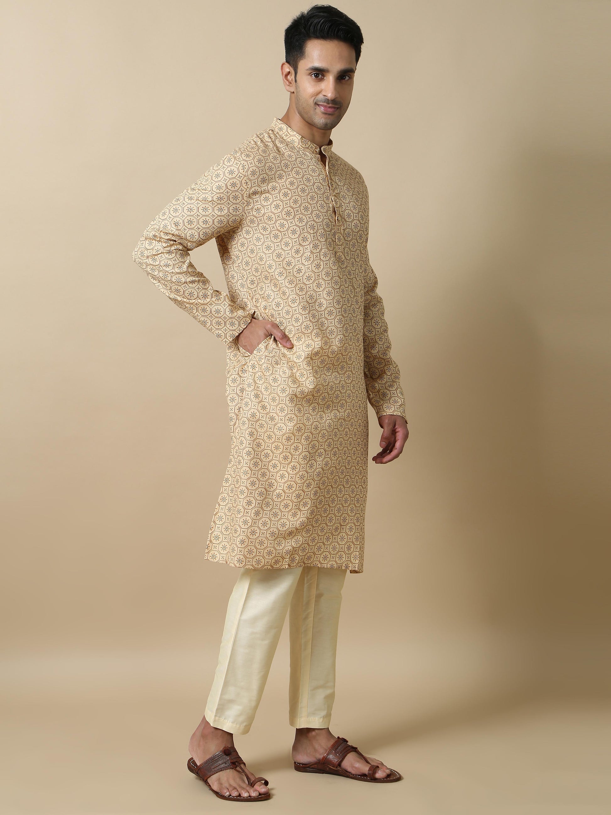 Cream Printed mens long kurta designs