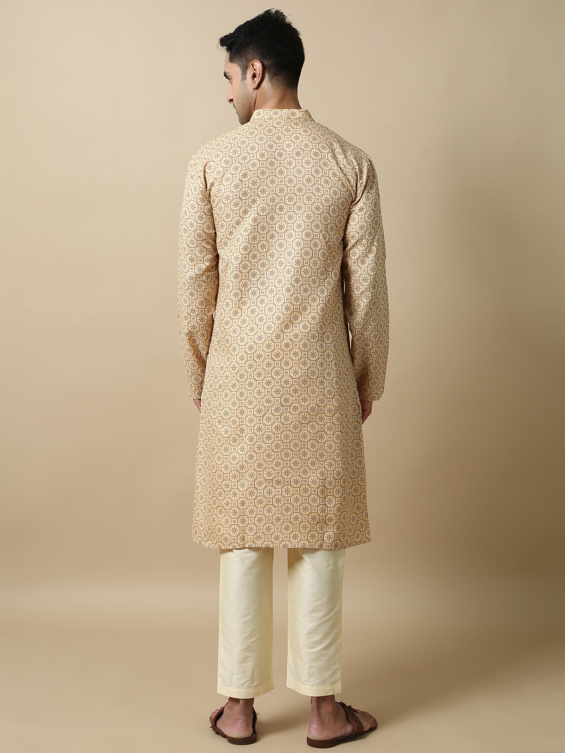 Cream Printed mens long kurta designs