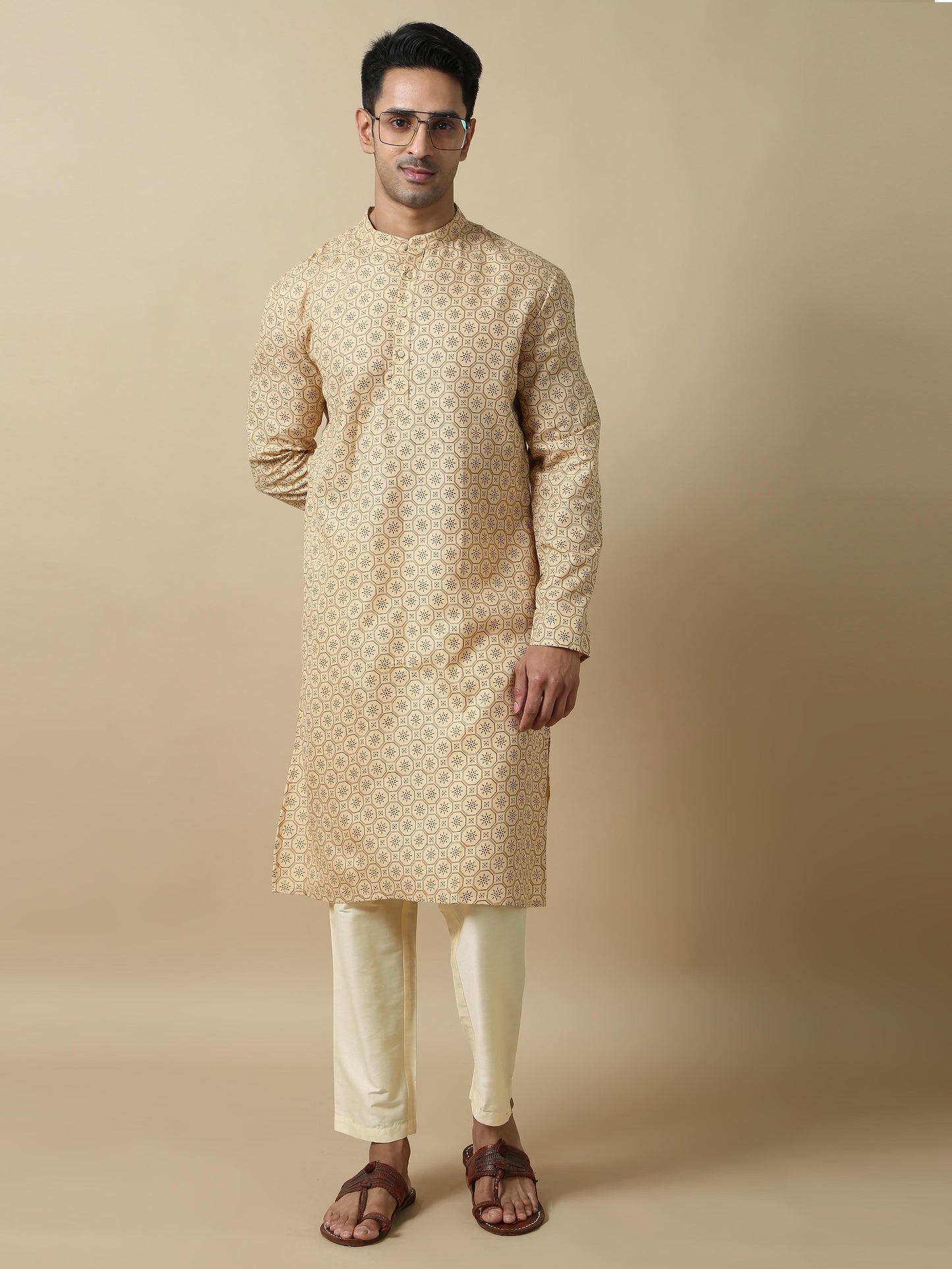 Cream Printed mens long kurta designs