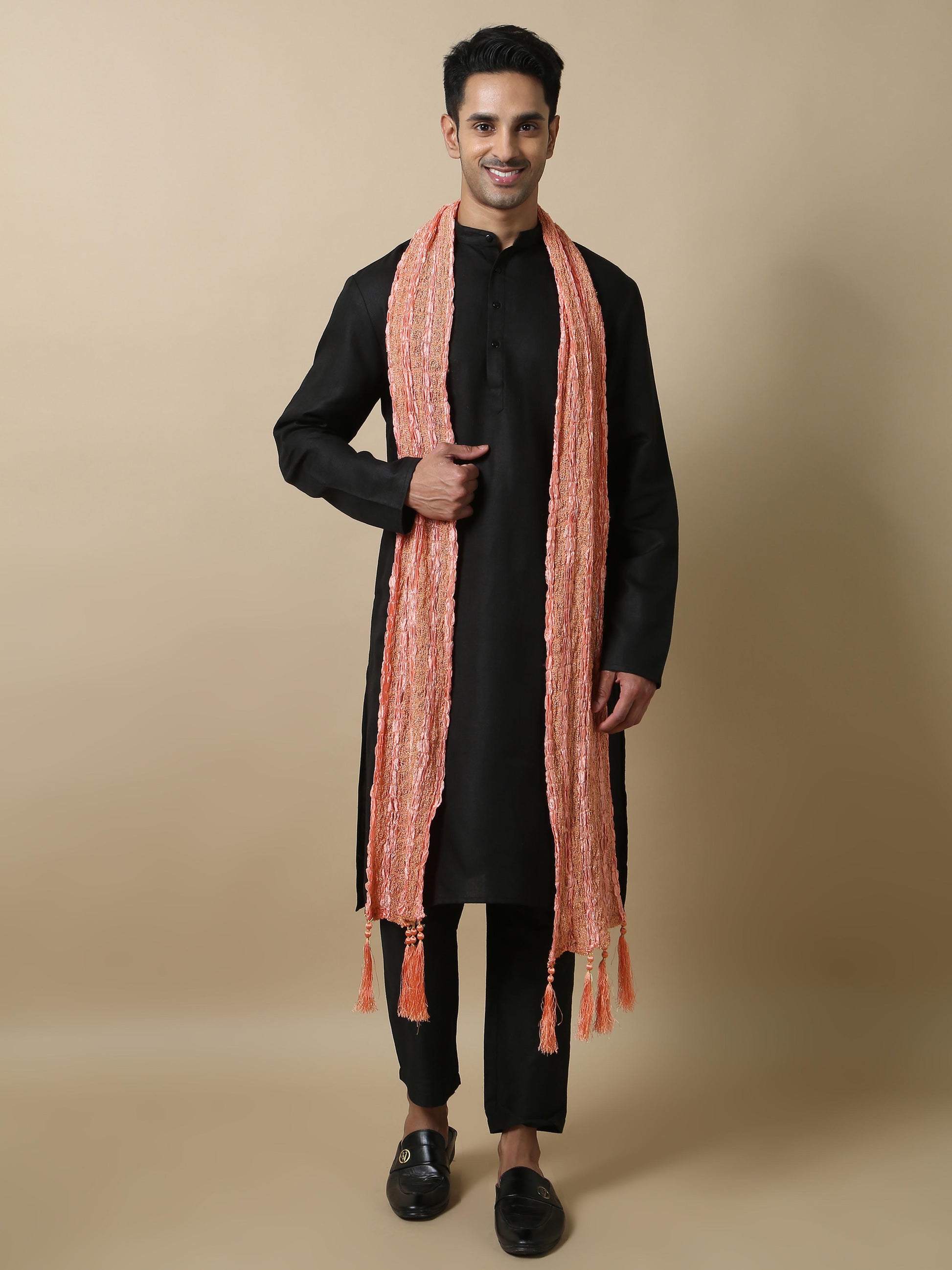 Crushed Peach Banarasi Stole for Men